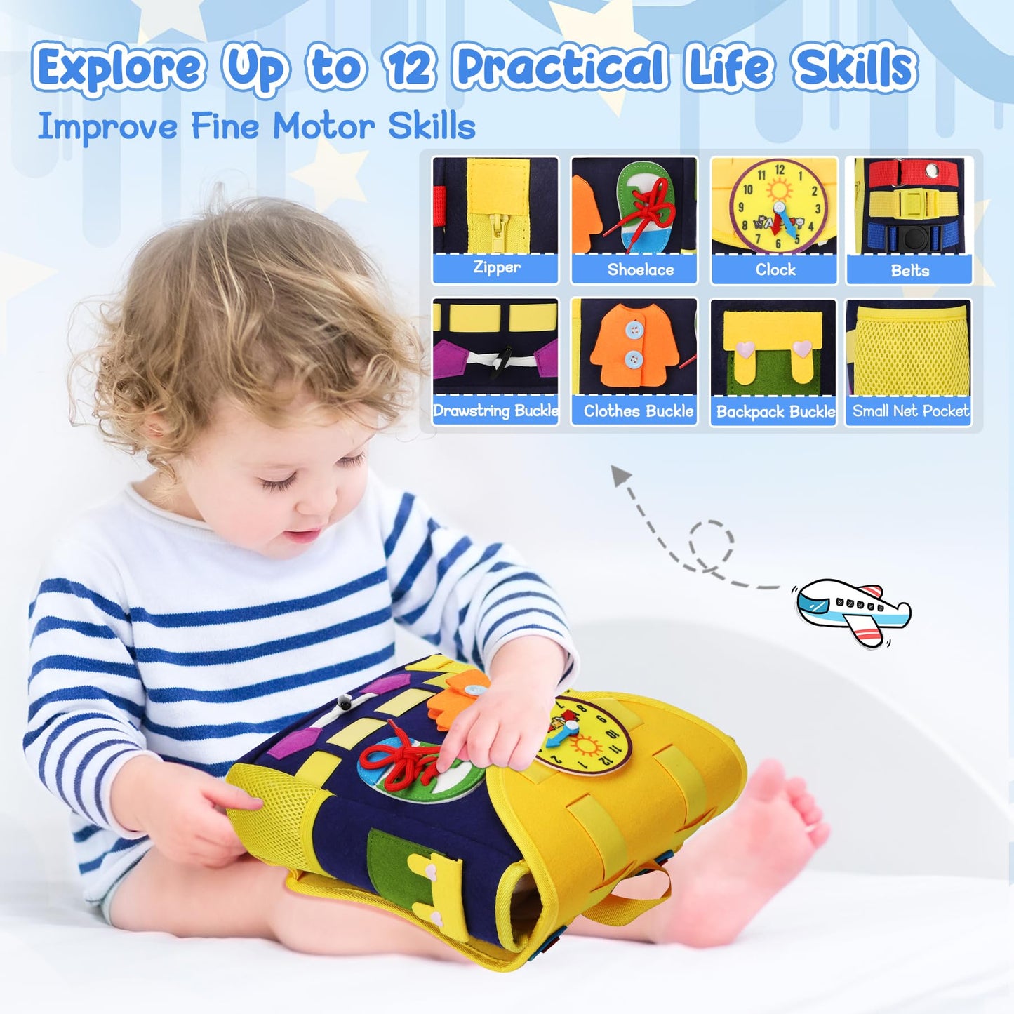 URMYWO Busy Board - Toddlers Backpack for 3-7 Year Old - Montessori Sensory Toys with Numbers Buckles - Develop Life Skills Learning Activity Fine Motor Skills Toddler Travel Toys Birthday Gifts