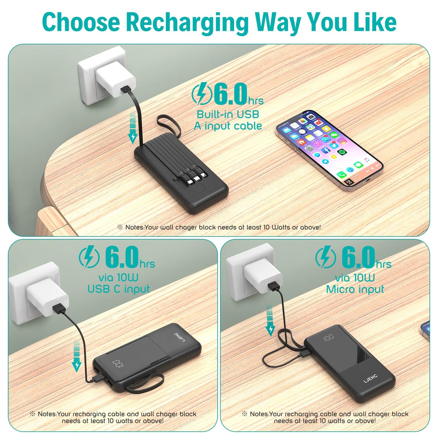 10000mAh Portable Charger with Built-in Cables