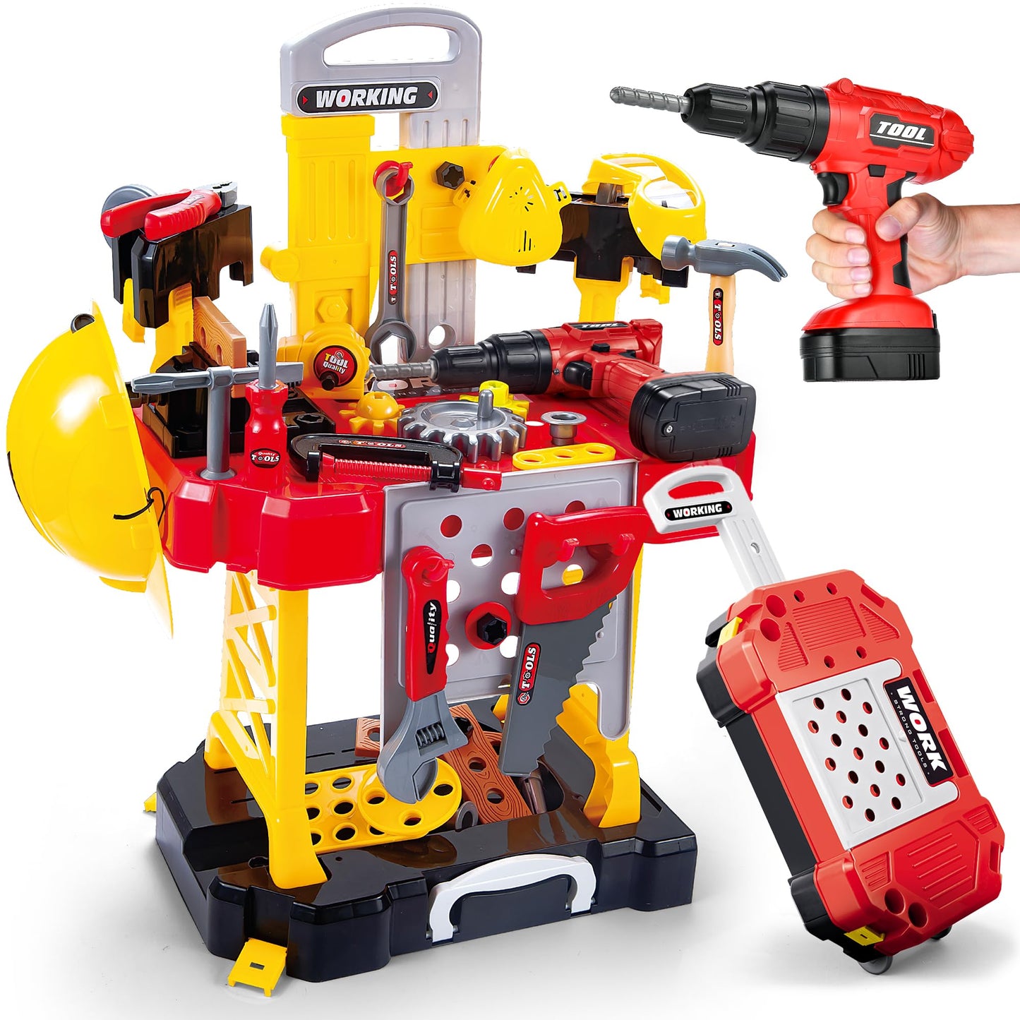 Toy Choi's Kids Tool Set, 83 Pieces Construction Kids Tool Bench Playset, Toddler Tool Bench with Play Helmet, Realistic Electric Drill, STEM Educational Toy for Boys & Girls Aged 3-8