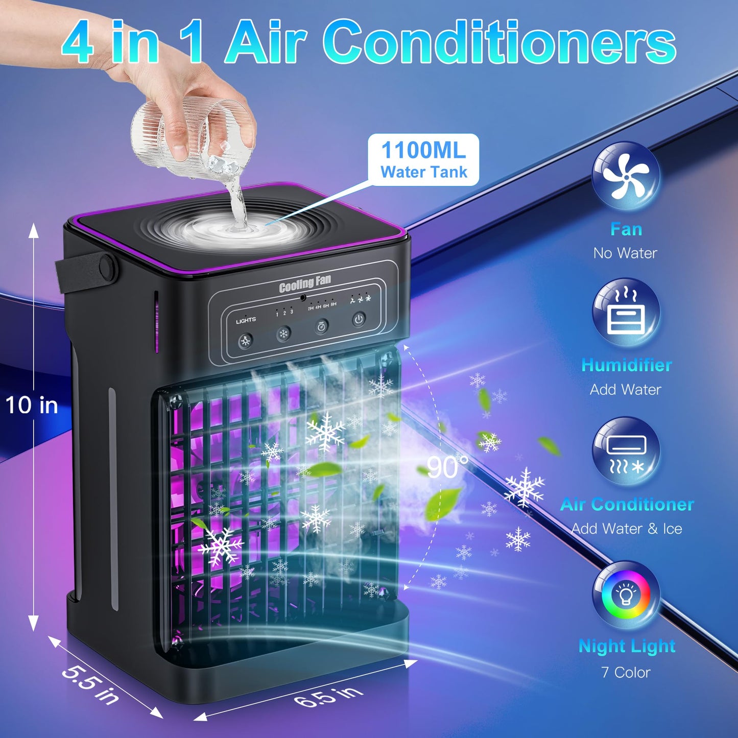 4-IN-1 Portable AC Unit with Timer & Lights