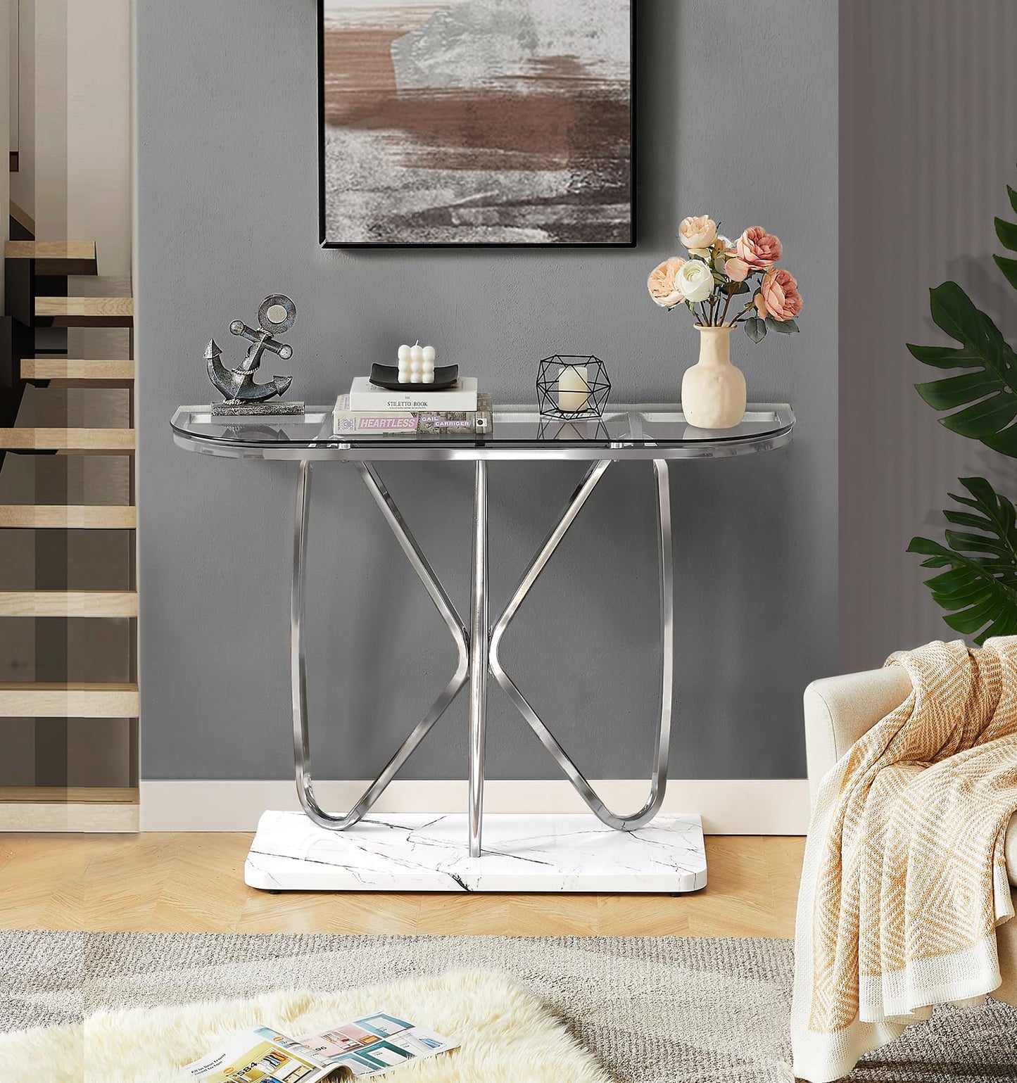 HOMISSUE Console Table, Modern Console Table with Tempered Glass Top and Chrome Frame, Glass Entryway Table with Marbling MDF Base, Chrome Console Table for Entryway, Hallway, Living Room (Silver)