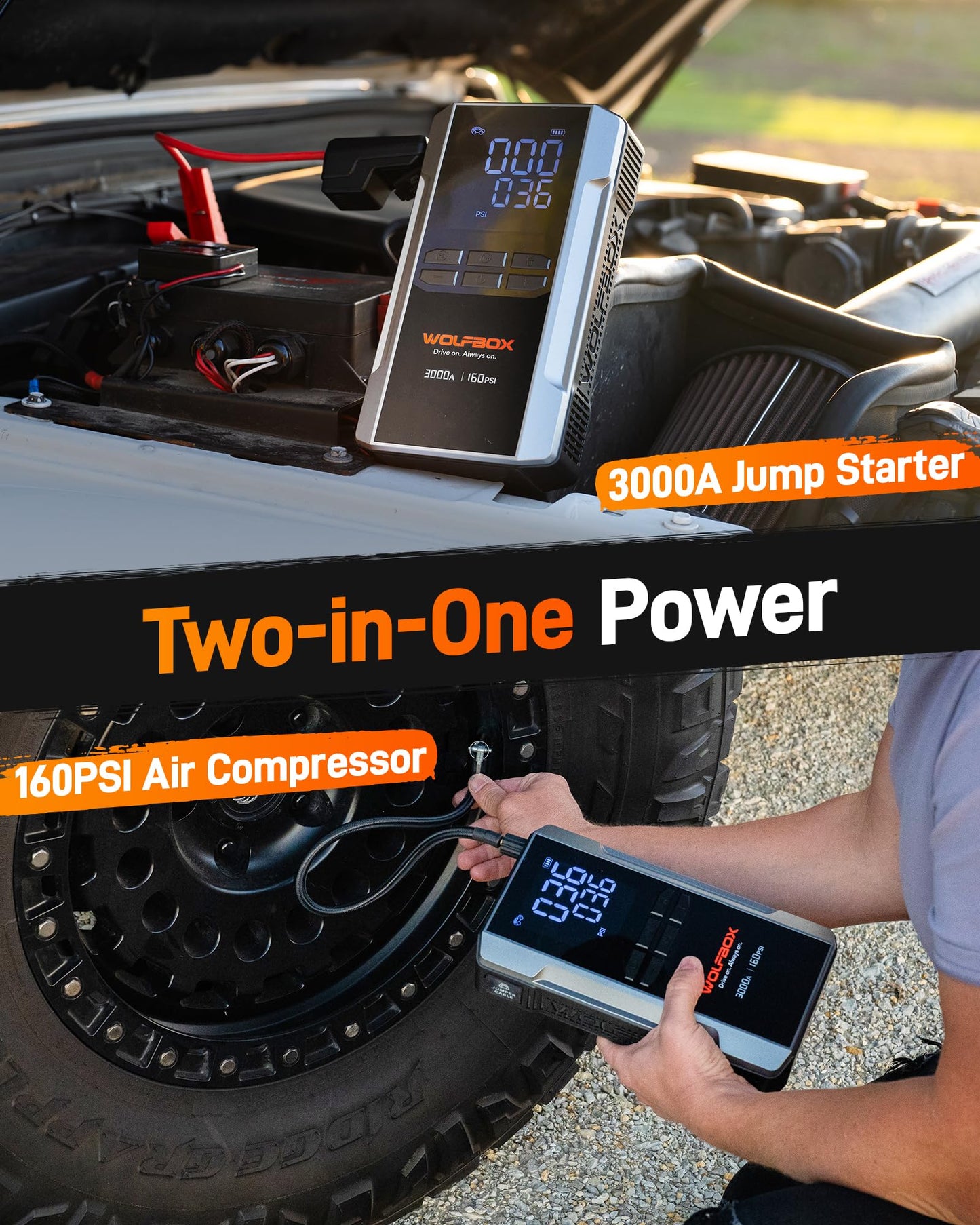 3000A Jump Starter with Air Compressor by WOLFBOX