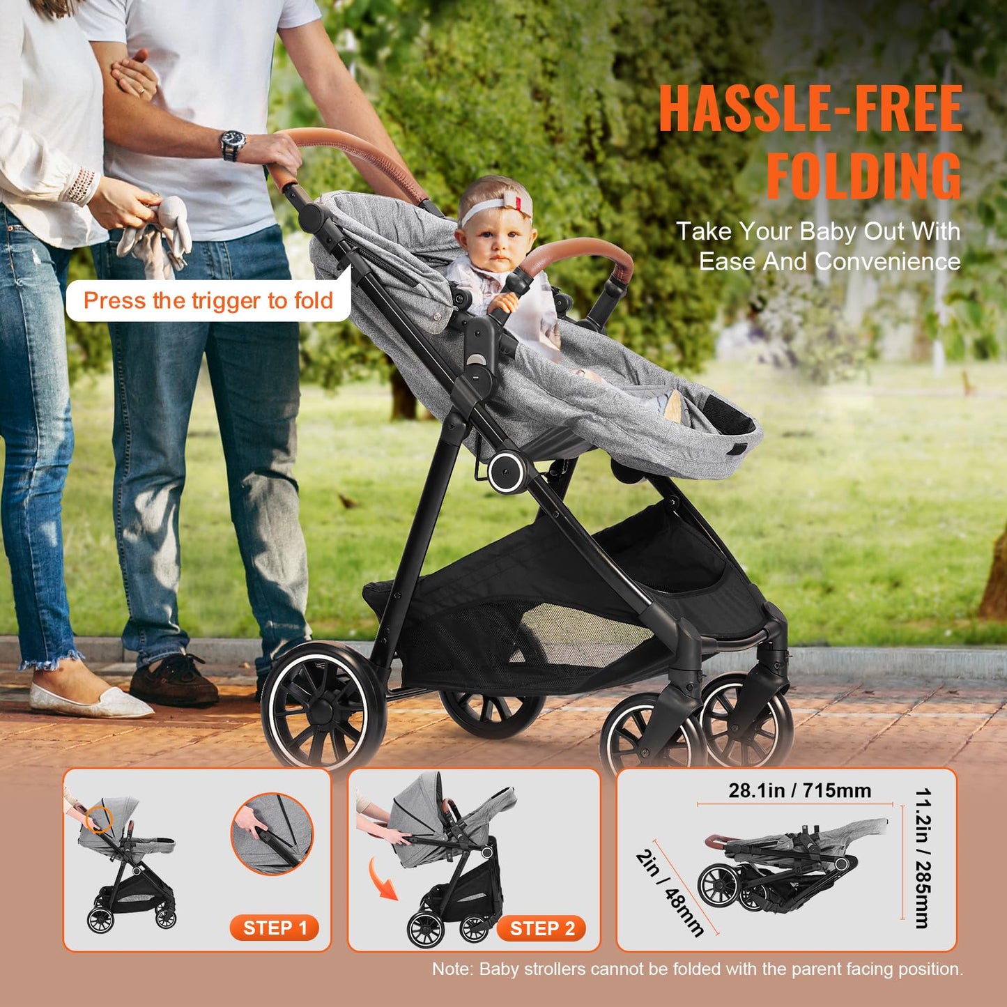 VEVOR Standard Baby Stroller, Infant Toddler Stroller with Bassinet, 3rd-Gear Adjustable Backrest & Foldable & Reversible Seat, Carbon Steel Newborn Stroller with Leg Cover and Mesh Net, Black