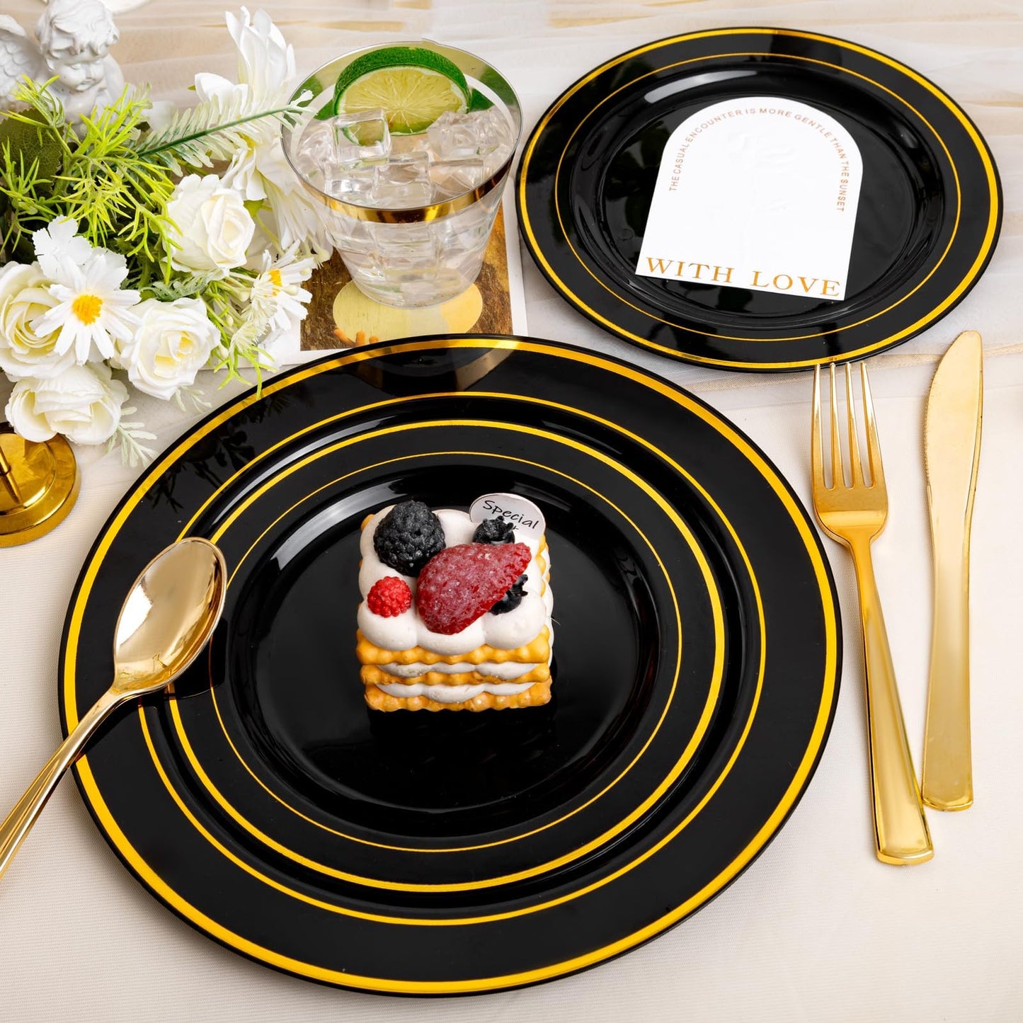 600PCS Black & Gold Disposable Dinnerware Set