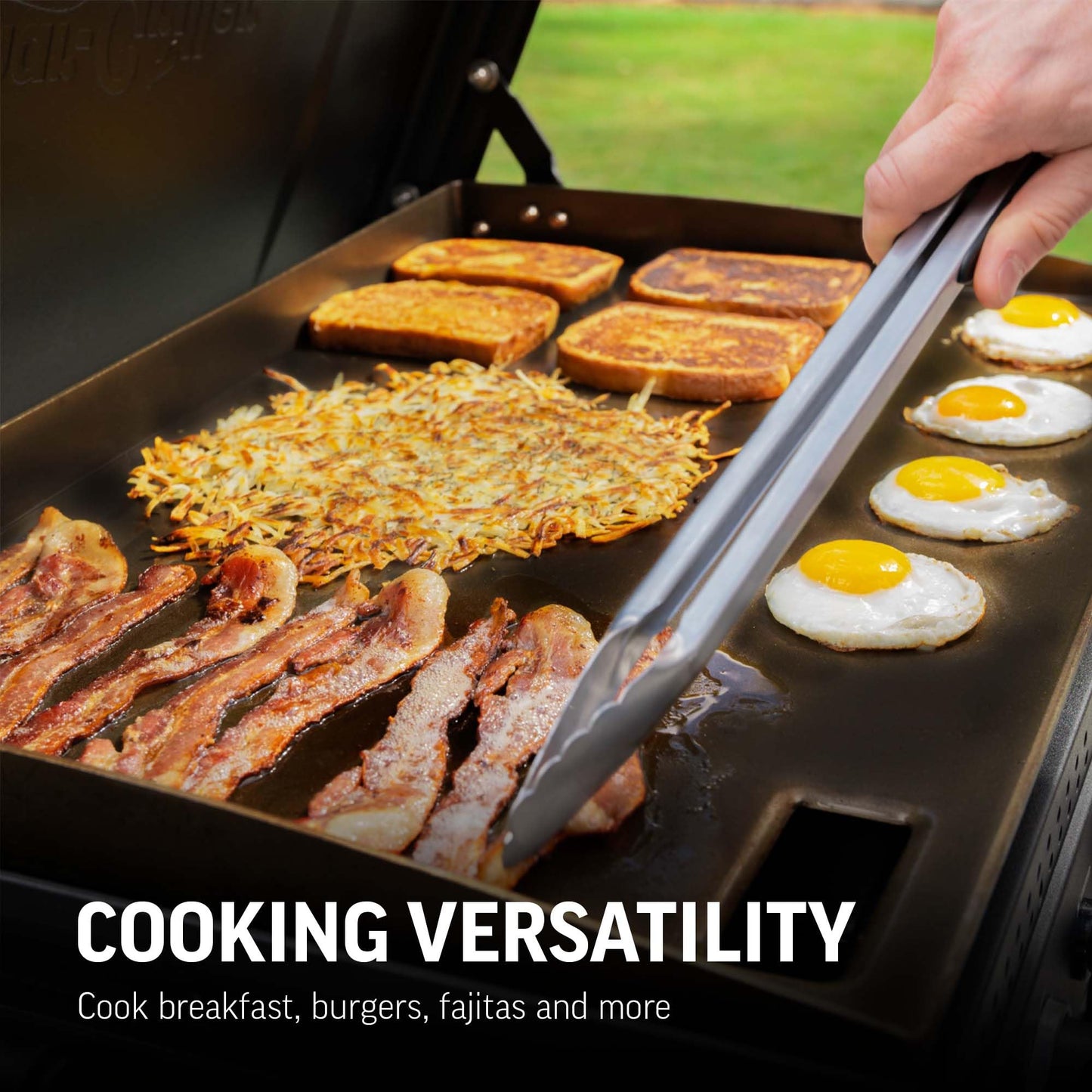 Char-Griller® Flat Iron 4-Burner Propane Gas Flat-Top Griddle with Steel Griddle Top, Wind Guards and Removable Lid, 775 Cooking Square Inches in Black, Model 8036