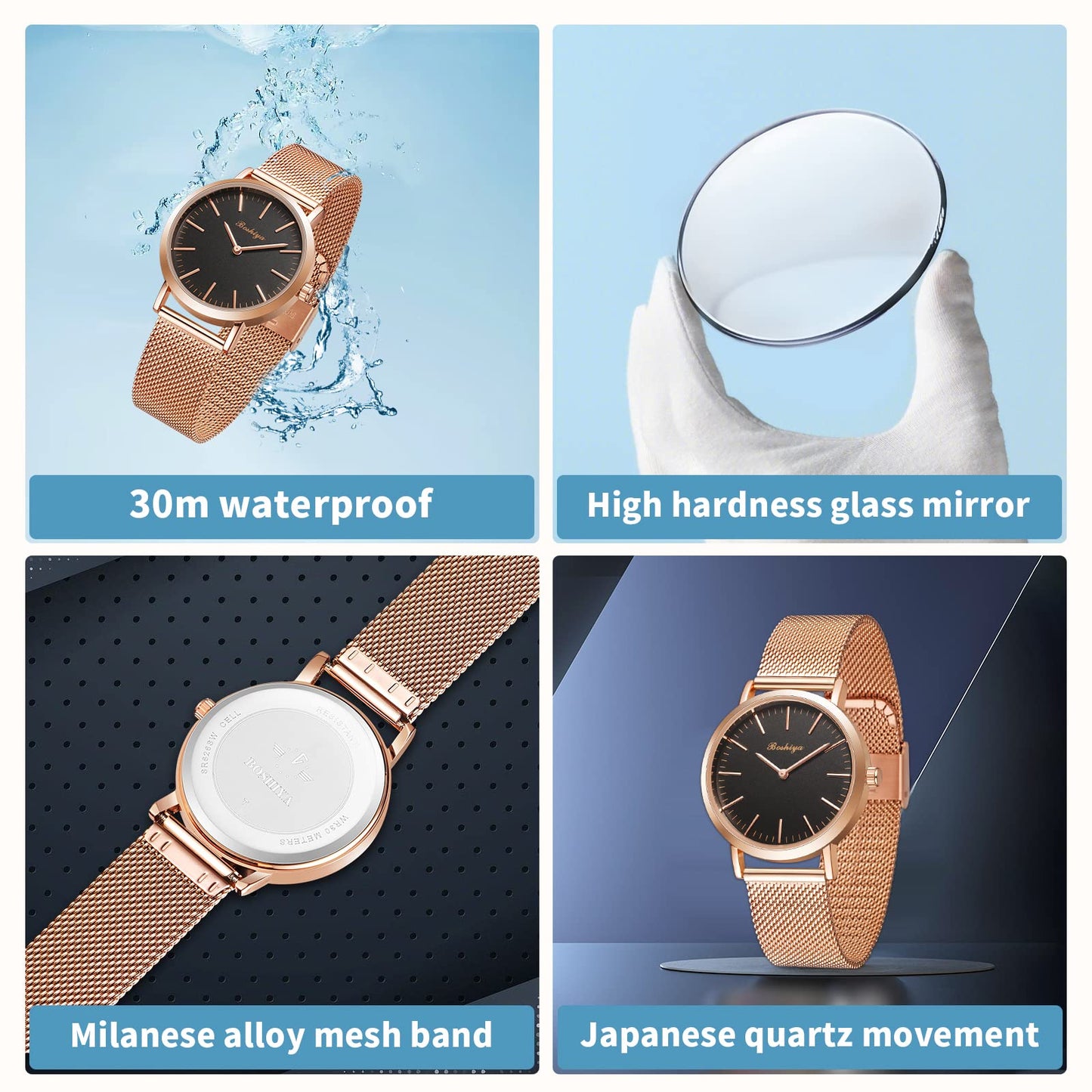 BOSHIYA Womens Stainless Steel Band Watch,Rose Gold Mesh Strap Elegant Dress Designer,Mesh Bracelet Ladies Wrist Watches Waterproof with Roman Timescale Dial
