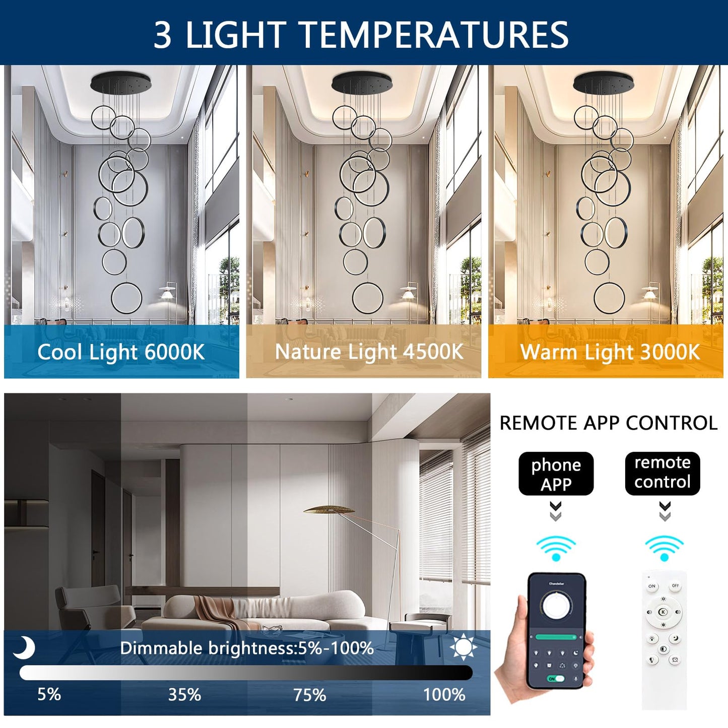 dolria Modern 12 Rings Chandeliers for Entrance LED Lights Living Room Light Chandeliers Flush Mount Ceiling Pendant Lighting 2700K 6000K Dimmable Chandelier Stairwell Foyer Enterway
