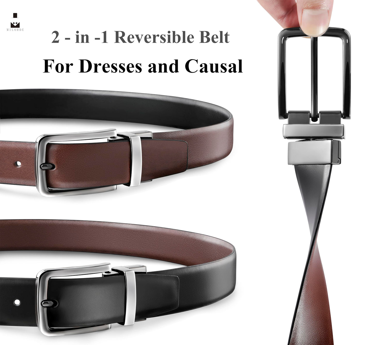MILORDE Reversible Leather Belt for Men