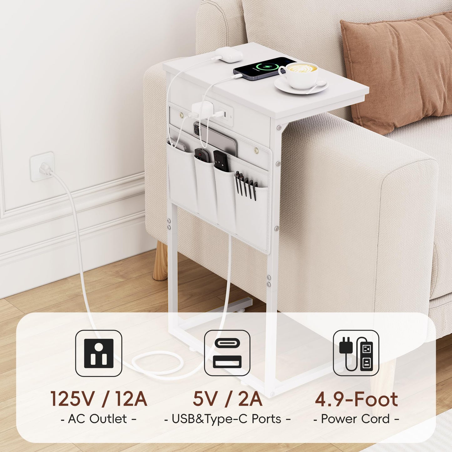 C Shaped End Table with Charging Station
