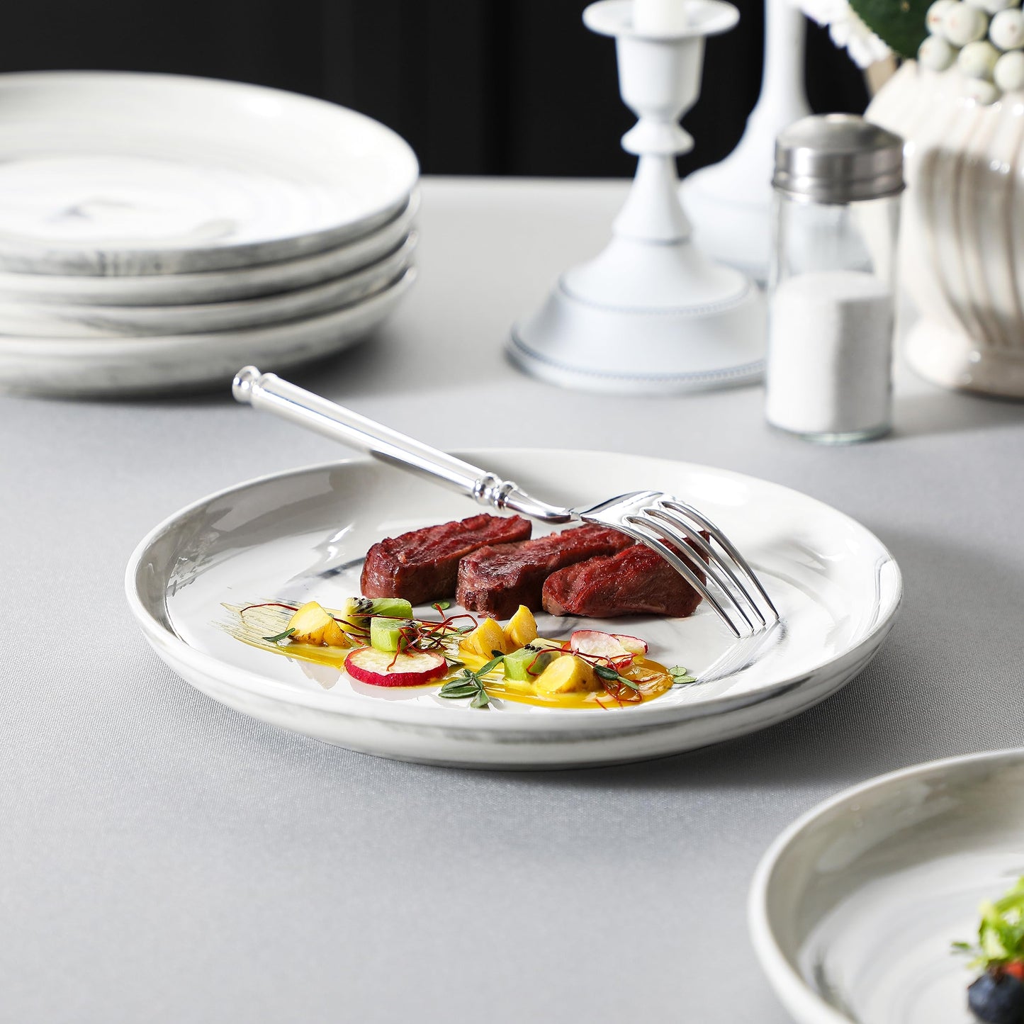 MALACASA Dinner Plate 6-Piece Set, 8.5 Inch Porcelain Salad Dessert Round Plates, Serving Dishes, Dinnerware Sets, Kitchen Dinner Plates for Appetizer, Pasta, Marble Grey, Series REG