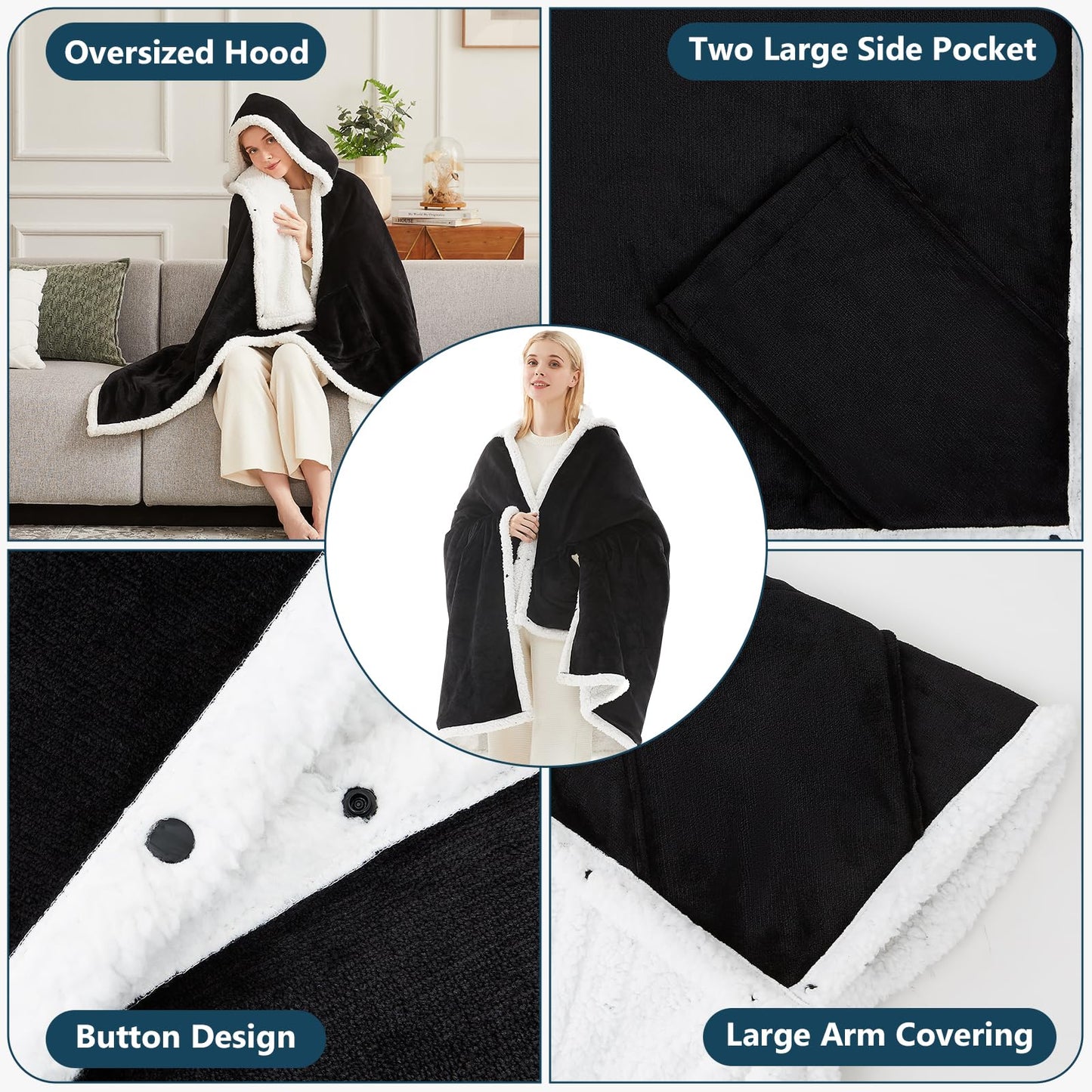 PLOATH Heated Electric Blanket Shawl: Heating Blanket Heated Throw Blanket Heated Poncho - Wearable Blanket Hoodie Wrap Sherpa with 10 Heating Levels & Multi Heating Time Settings (40x70'' Black)