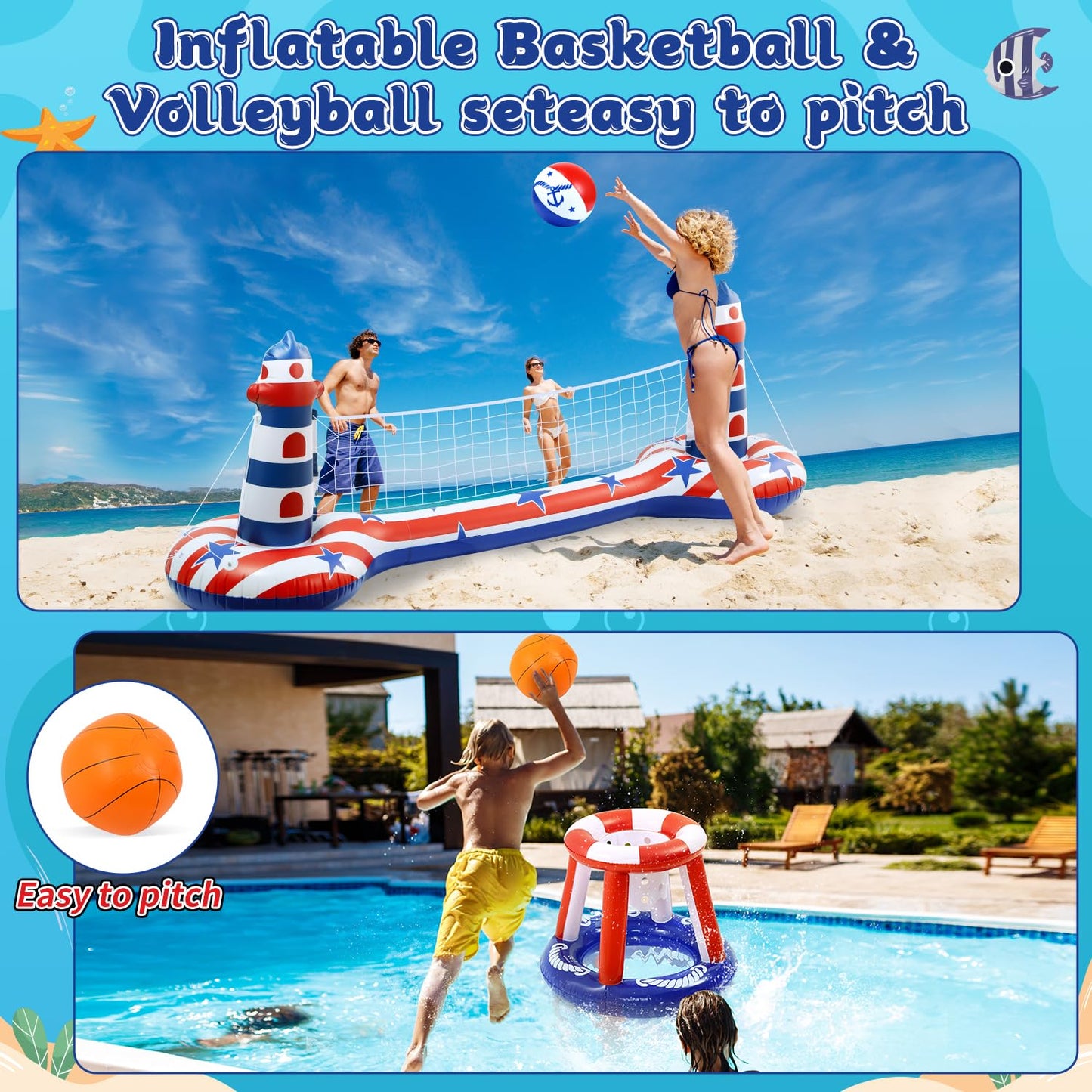Inflatable Pool Float Set with Volleyball & Basketball