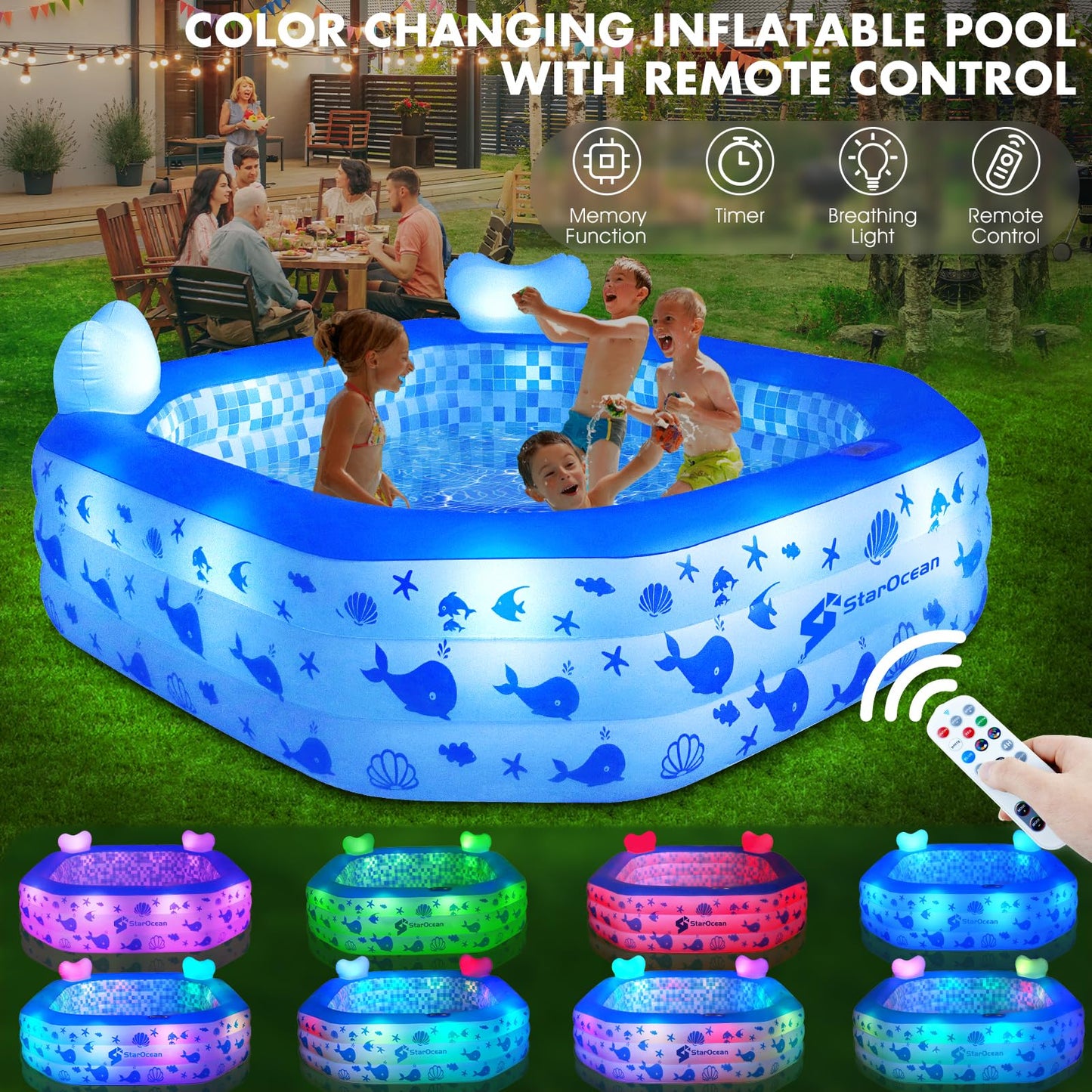 Inflatable Pool with Lights for Kids & Adults
