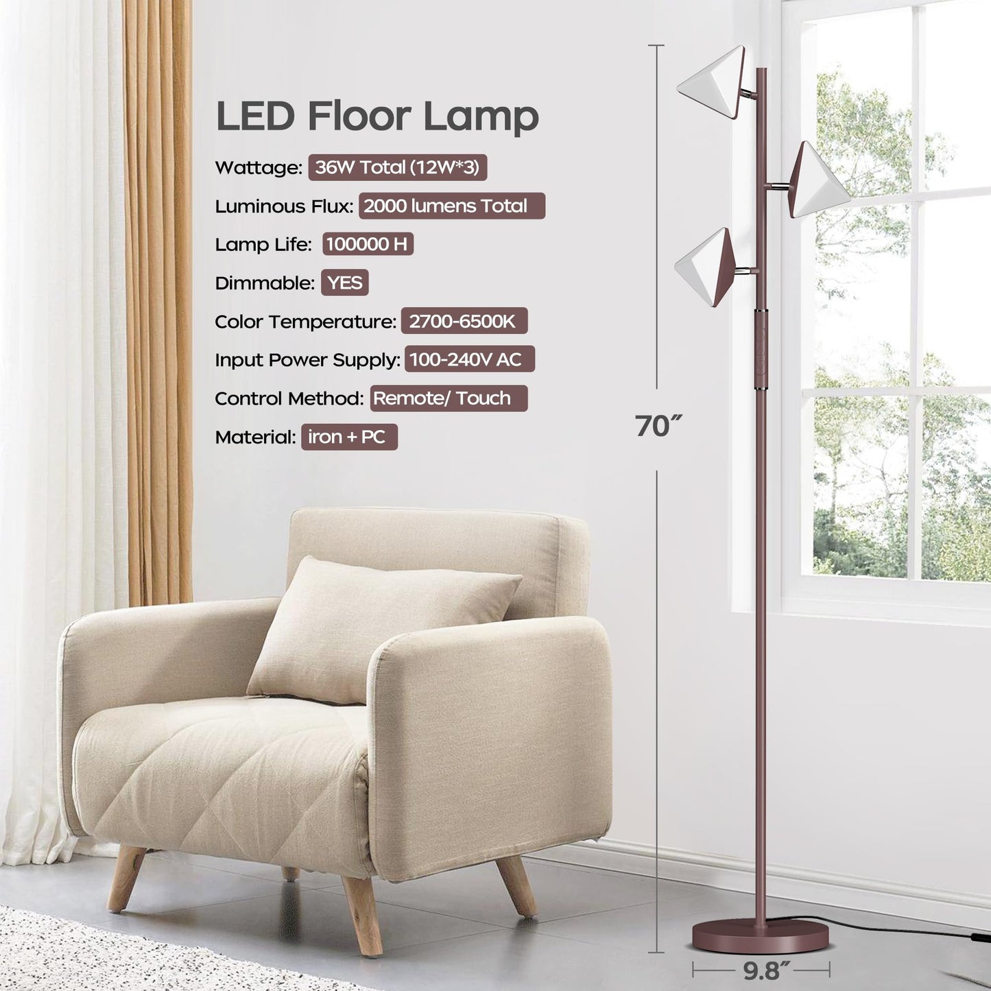 Dimmable LED Tree Floor Lamp with Remote Control