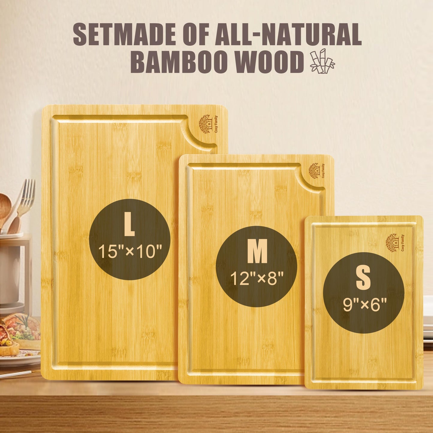 Set of 3 Bamboo Cutting Boards with Juice Groove