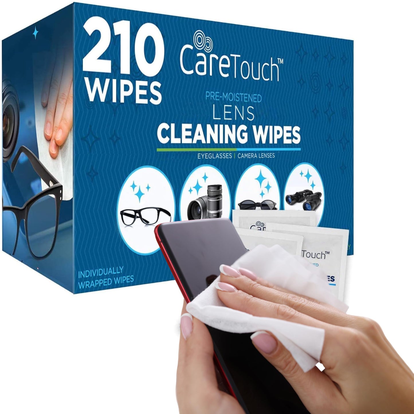 Care Touch Eyeglass Cleaning Wipes - 210 Individually Wrapped