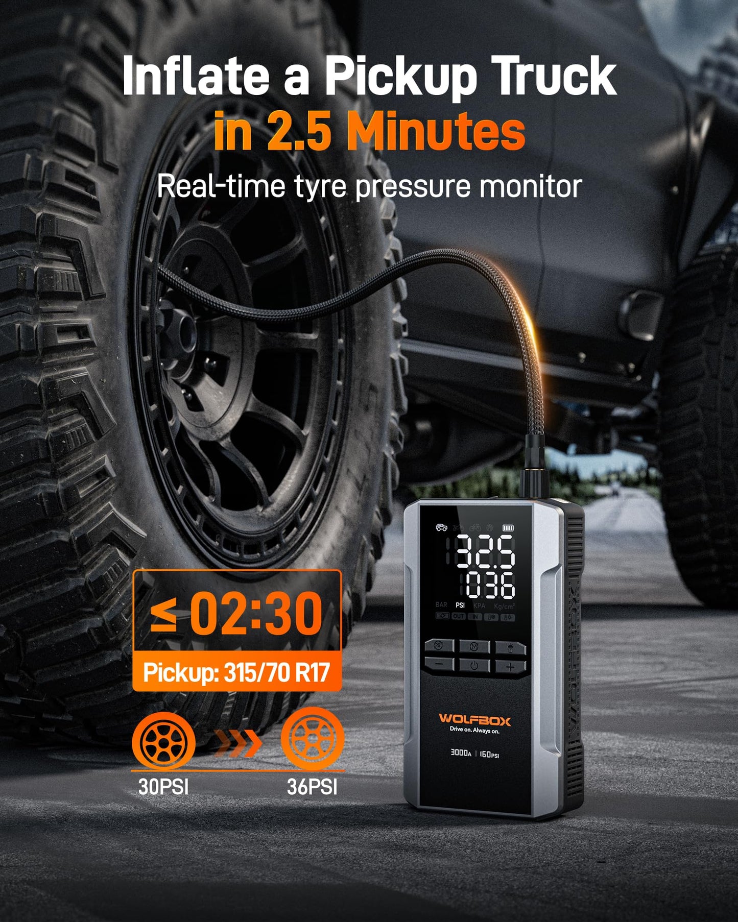 3000A Jump Starter with Air Compressor by WOLFBOX
