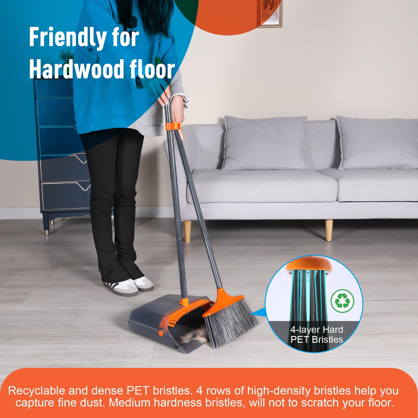 CLEANHOME Upgrade Broom and Dustpan Combo Set with Teeth for Home Kitchen Garden Cleaning, Long Handle Broom and Standing Dustpan Set for Indoor Sweeping,Grey