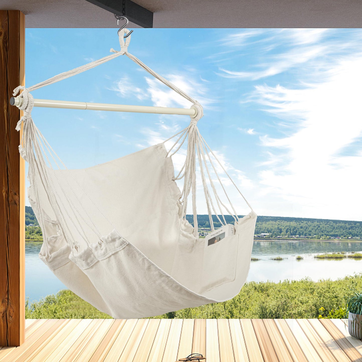 HBlife Hammock Chair Max 350 LBS Hanging Chair with Portable Metal Rod Cotton Rope Hammock Swing for Bedroom, Beige