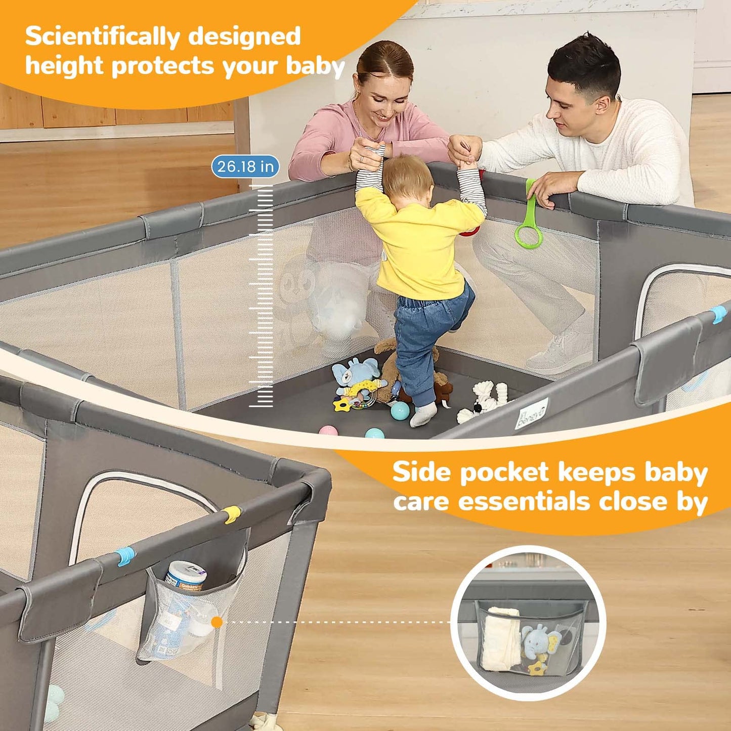 Baby Playpen for Babies and Toddlers, 71 x 59 inch Baby Play Yards, Kids Play Pen for Indoor & Outdoor, Extra Large Baby Playpen, Toddler Play Yard with Carrying Bag, Anti-Slip Base (Gray)