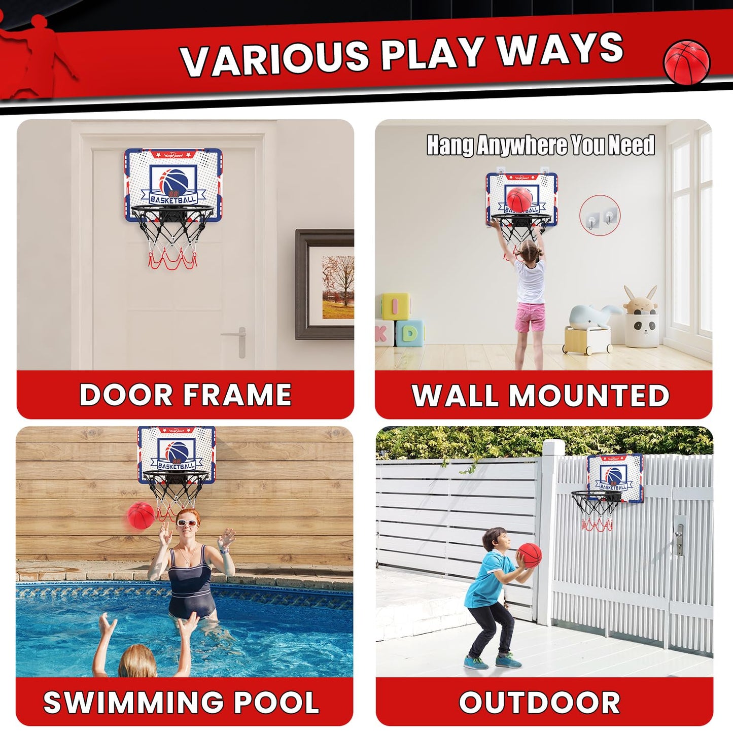 EagleStone Kids Indoor Basketball Hoop, 4 Balls Mini Basketball Toy for Toddlers, with Electronic Scoreboard Over The Door Room Wall Basketball Hoop Goal Boys Girls Gift for Age 3 4 5 6 7 8 9 10