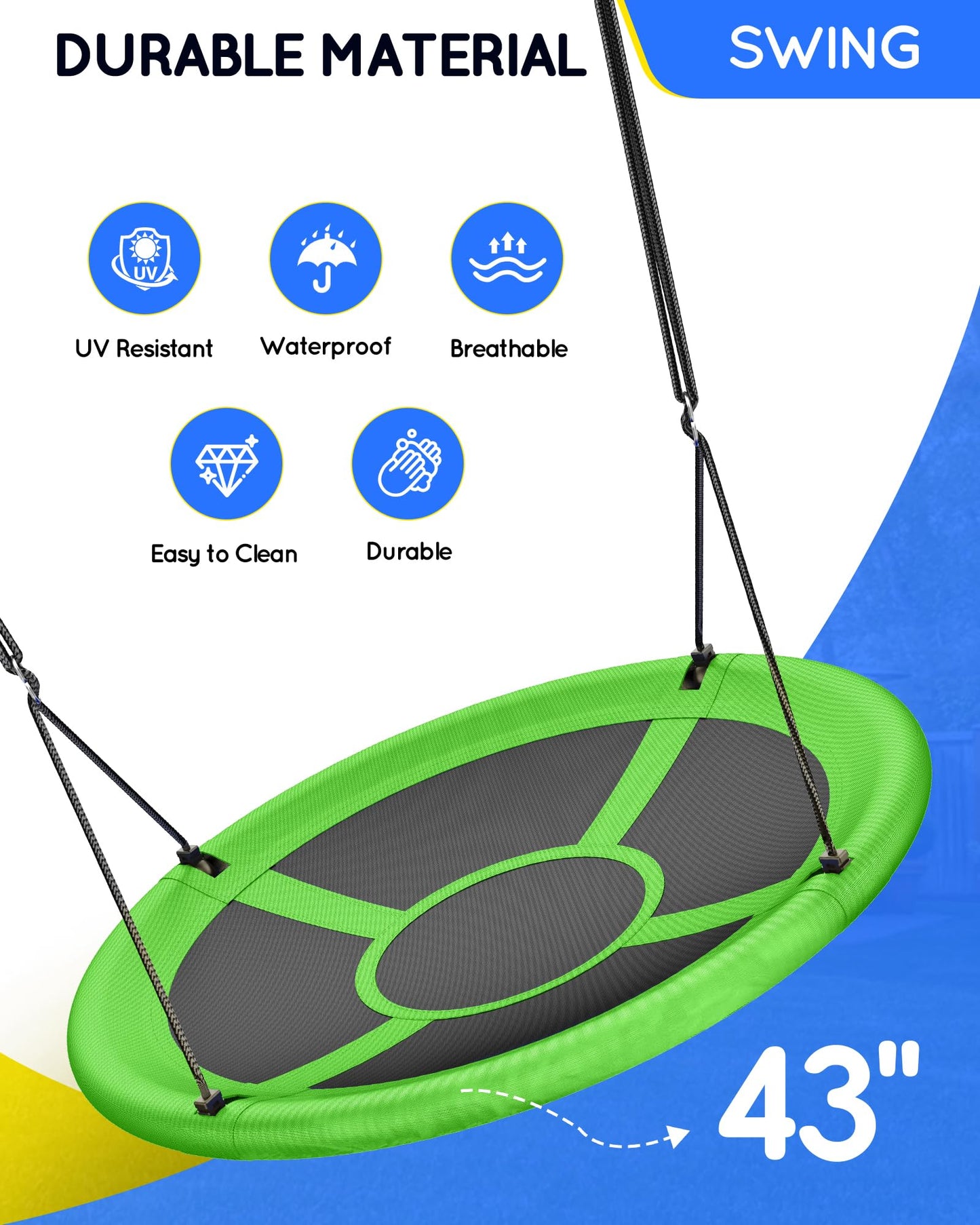 43" Saucer Tree Swing for Kids Adult, 700lbs Weight Capacity, Waterproof Flying Saucer Swing with Adjustable Hanging Straps, Swing Seats for Backyard Outdoor Indoor Playground, Green