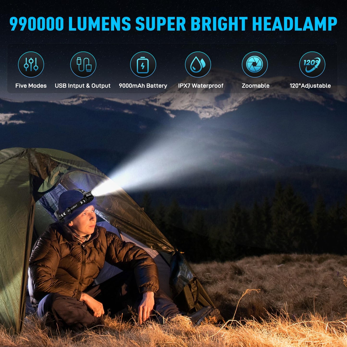 990000 Lumen Rechargeable LED Headlamp, Waterproof