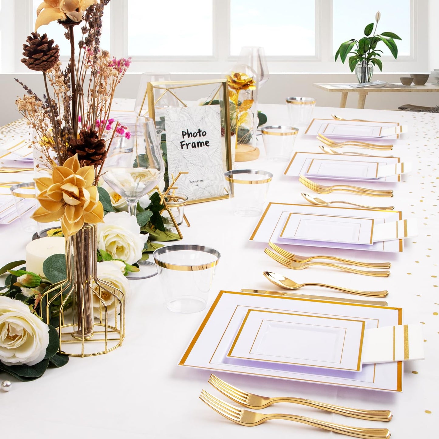 Festiva 176Pcs Gold Plates Disposable - Square Party Plates and Cups and Napkins Sets :Dinner Plates, Dessert Plates,Cups,Plastic Cutlery,Hand Napkins 1Tablecloth for Party&Wedding&Christmas