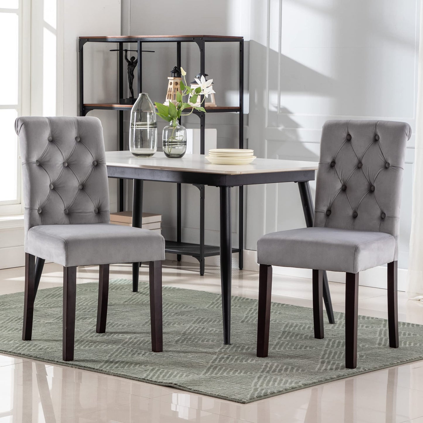 chairus Dining Chairs Set of 2 Mid Century Modern Living Room Chairs with Button Tufted High Back Velvet Armless Chair Comfy Upholstered Side Chairs for Kitchen/Restaurant/Bedroom, Grey