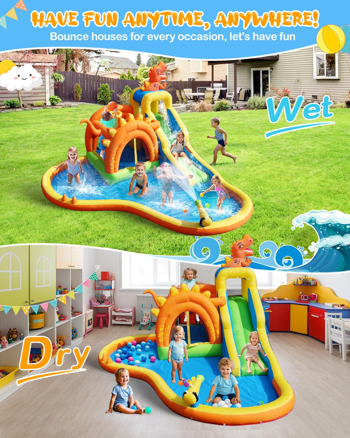 Dinosaur Inflatable Water Slide Park - 7 in 1 Bounce House with Slide, Jump Area, Splash Pool, Climbing Wall & Basketball Hoop | 480W Blower Included | Indoor/Outdoor Backyard Play for Kids 3-10
