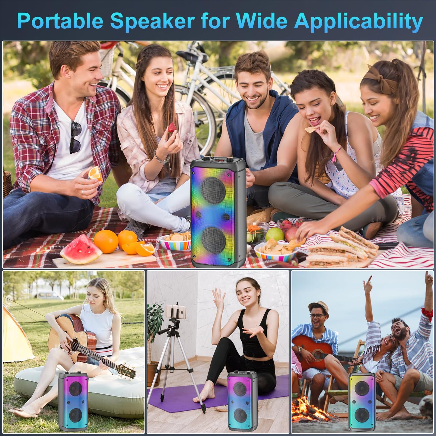 80W Portable Bluetooth Party Speaker with LED Lights