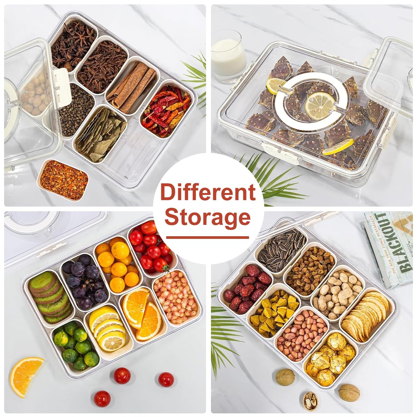 Divided Serving Tray with Lid and Handle, Portable Snackle Box Charcuterie Container with 16 Compartments & 16 Forks, Snack Container for Party, Fruit, Nuts, Candy, Entertaining, Picnic, 2 Pack