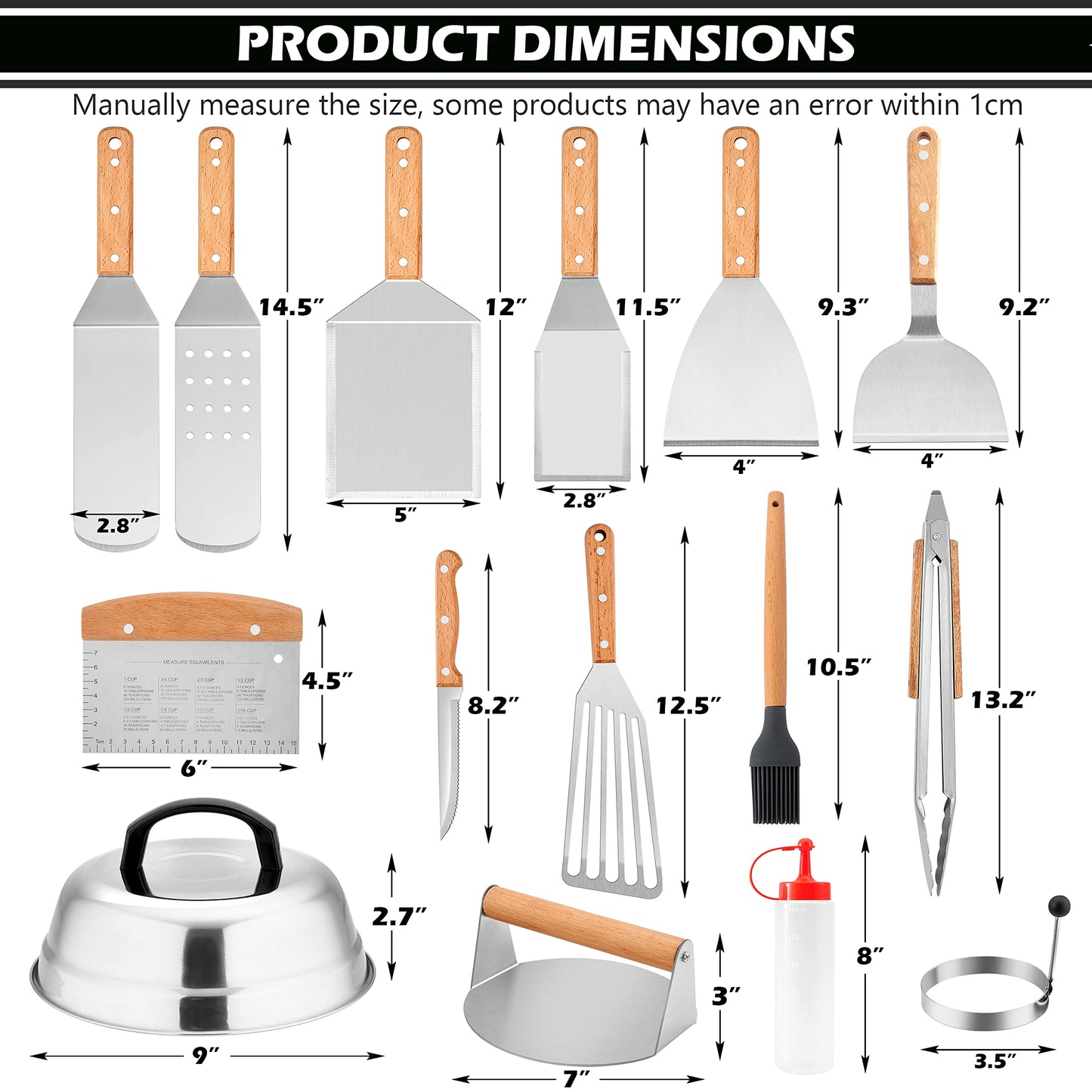 24Pcs Griddle Accessories Kit, HaSteeL Stainless Steel Spatula Tools for Teppanyaki Flat Top, Complete Metal Spatulas, Melting Domes, Burger Press for Outdoor BBQ Camping, Heavy Duty & Wooden Handle