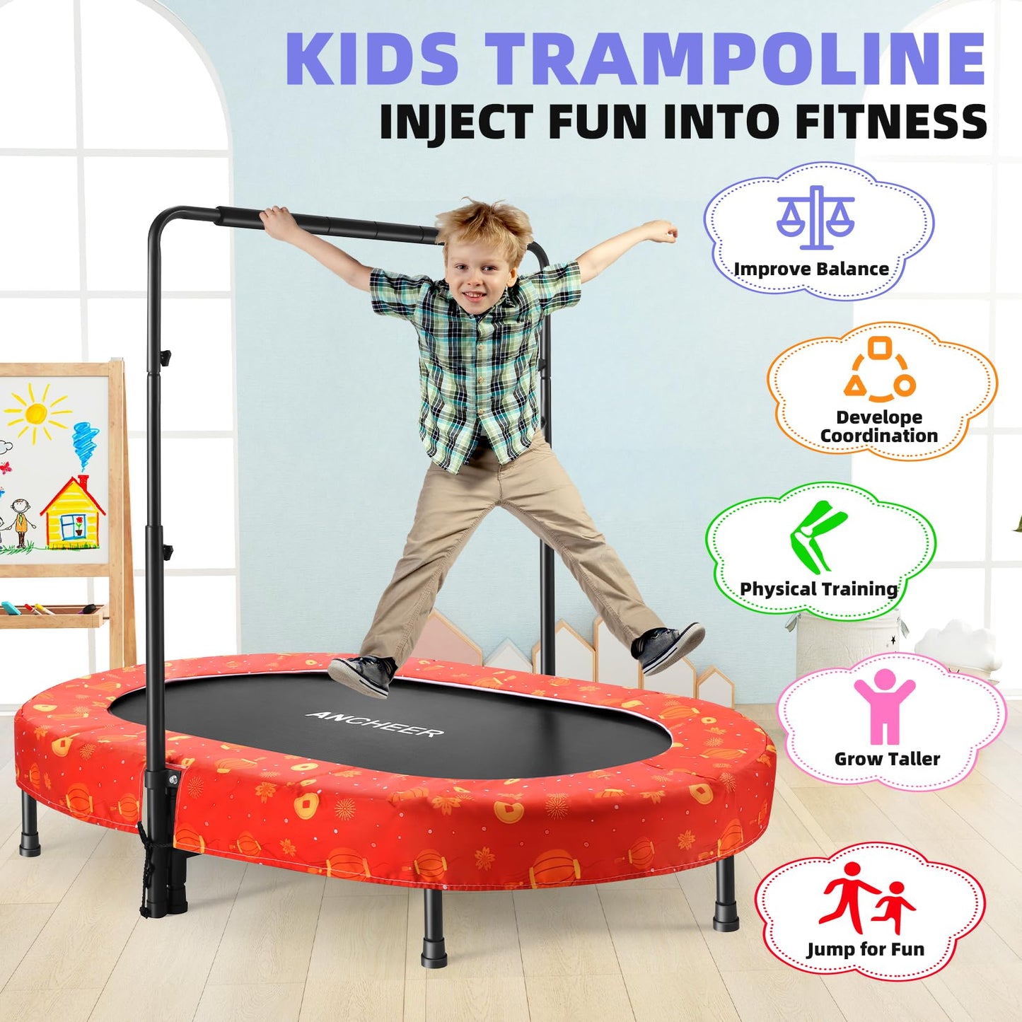 Kids Mini Trampoline with Adjustable Handlebar