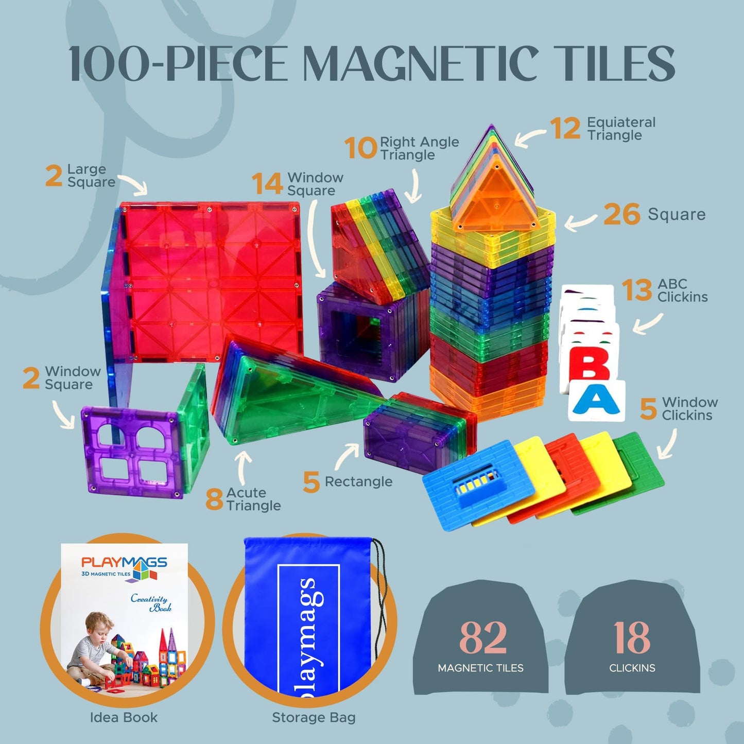 Playmags 100-Piece Magnetic Building Blocks Set
