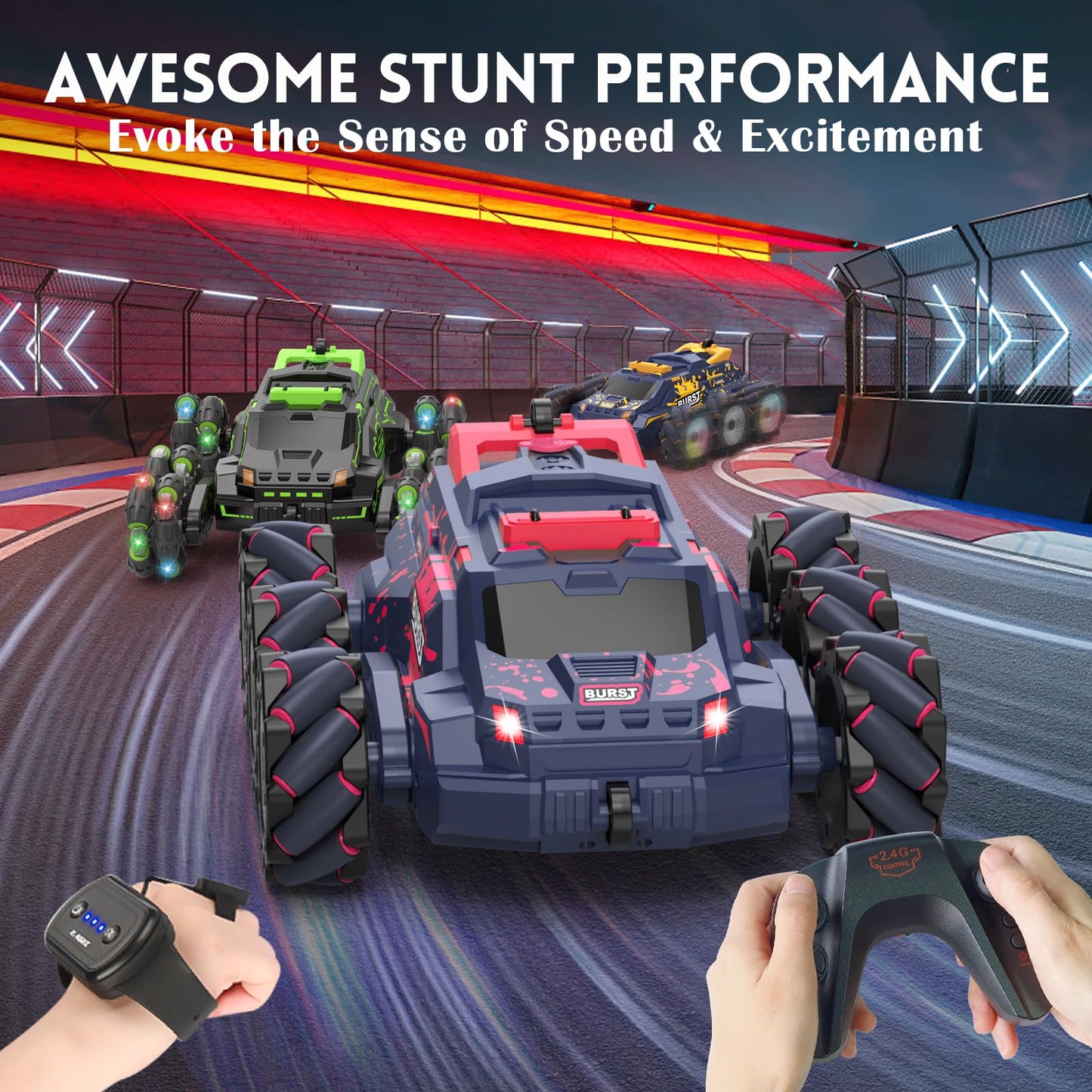 Remote Control Car for Kids, Gesture Sensing RC Stunt Car with Spray Fog Steam 2.4GHz 4WD Toy Cars 360° Rotation Drift Hand Controlled Remote Control Cars with Lights Music for 6-12 yr Boys Girls Red