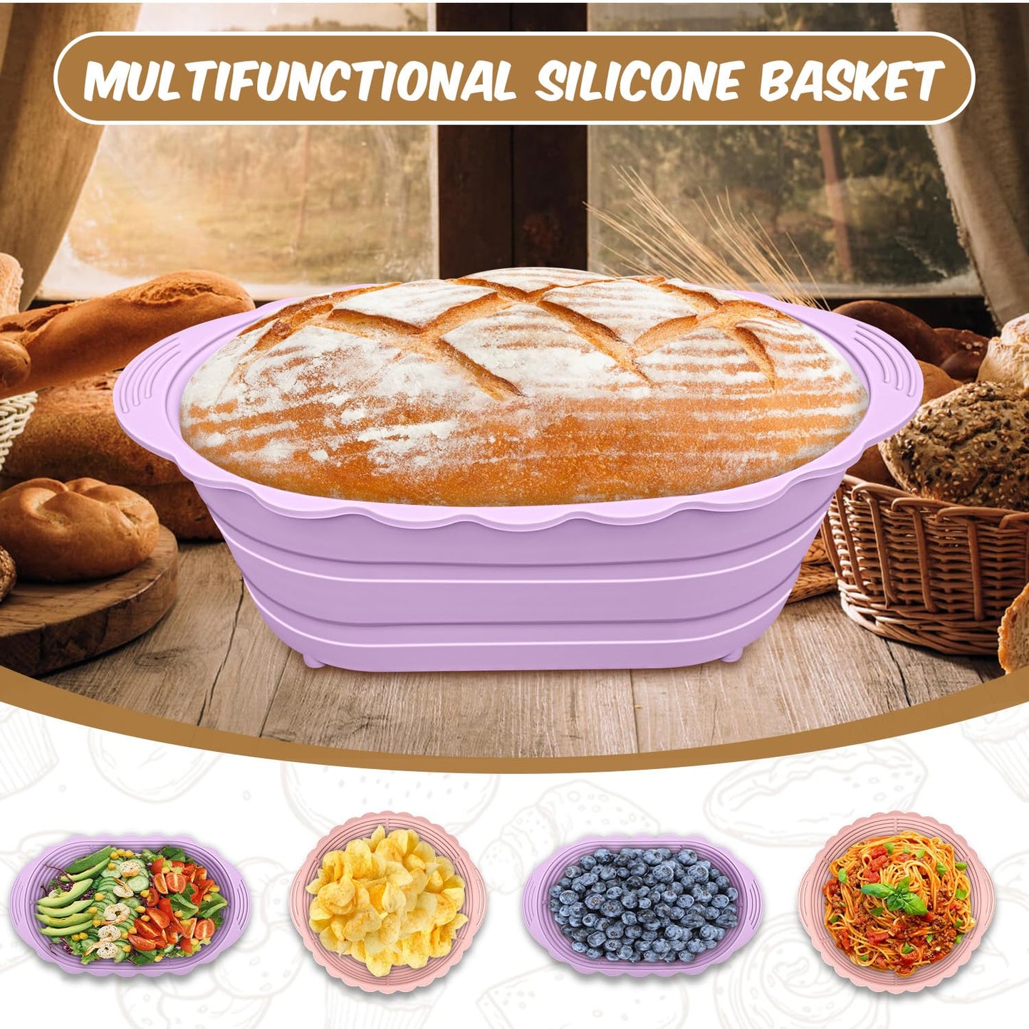 2Pack Bread Proofing Basket Banneton,Silicone Sourdough Bread Baking Baskets,9 Inch Collapsible Proofing Bowl Supplies Set Tool Kit Foldable for Bread Making Sourdough-Beige (Pink+Purple)