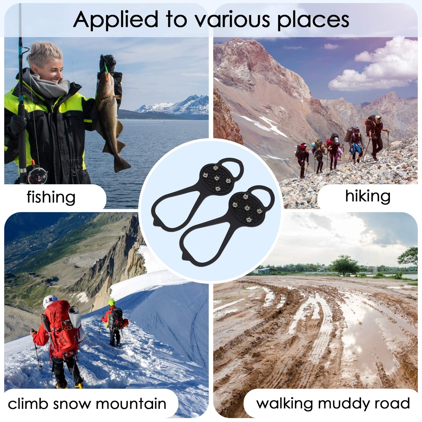 LACE INN Non Slip Gripper Spike, Ice Grippers Traction Cleats Snow Shoe Spikes Grips Crampons with 10 Steel Studs Cleats 2 Pair