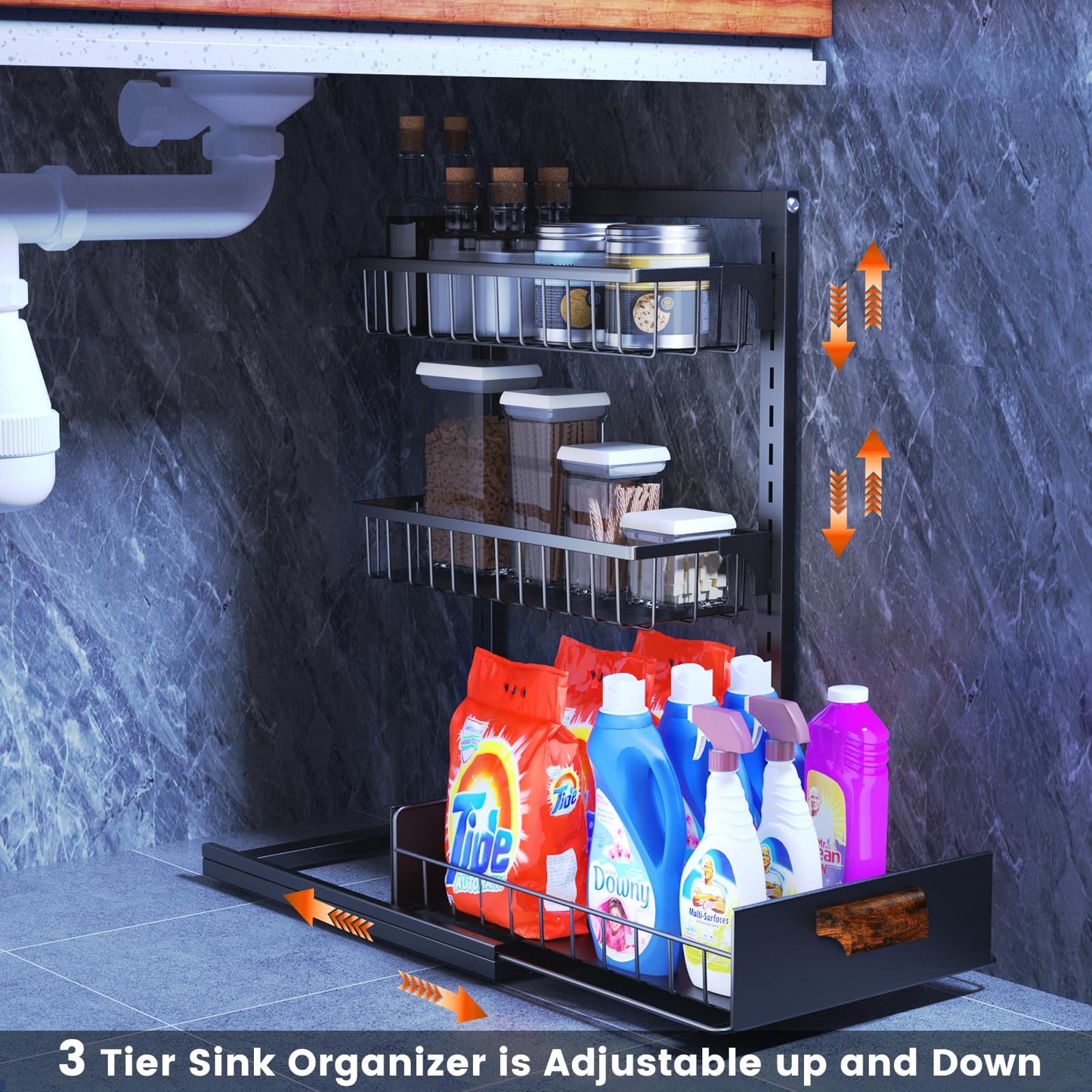 HOYRR Under Sink Organizers and Storage, 3 tier Adjustable Under Sink Organizer, Under Sink Organizer, Under Sink Storage, Suitable for kitchen sink.(black)