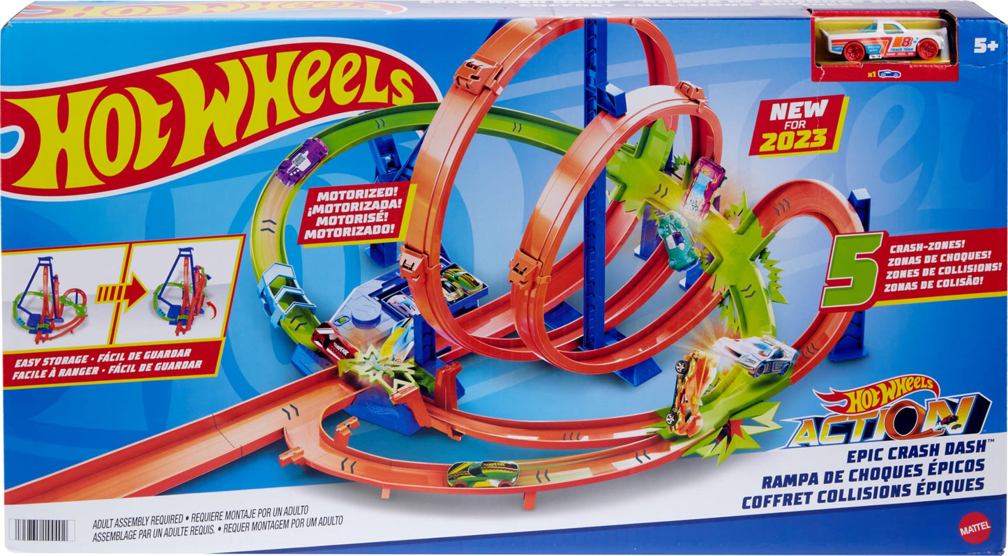 Hot Wheels Toy Car Track Set Action Epic Crash Dash with 1:64 Scale Vehicle & 5 Crash Zones, Powered by Motorized Booster