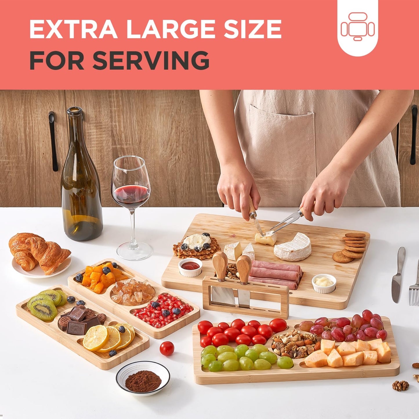 Bamboo Charcuterie Board Set with Knife and Bowl