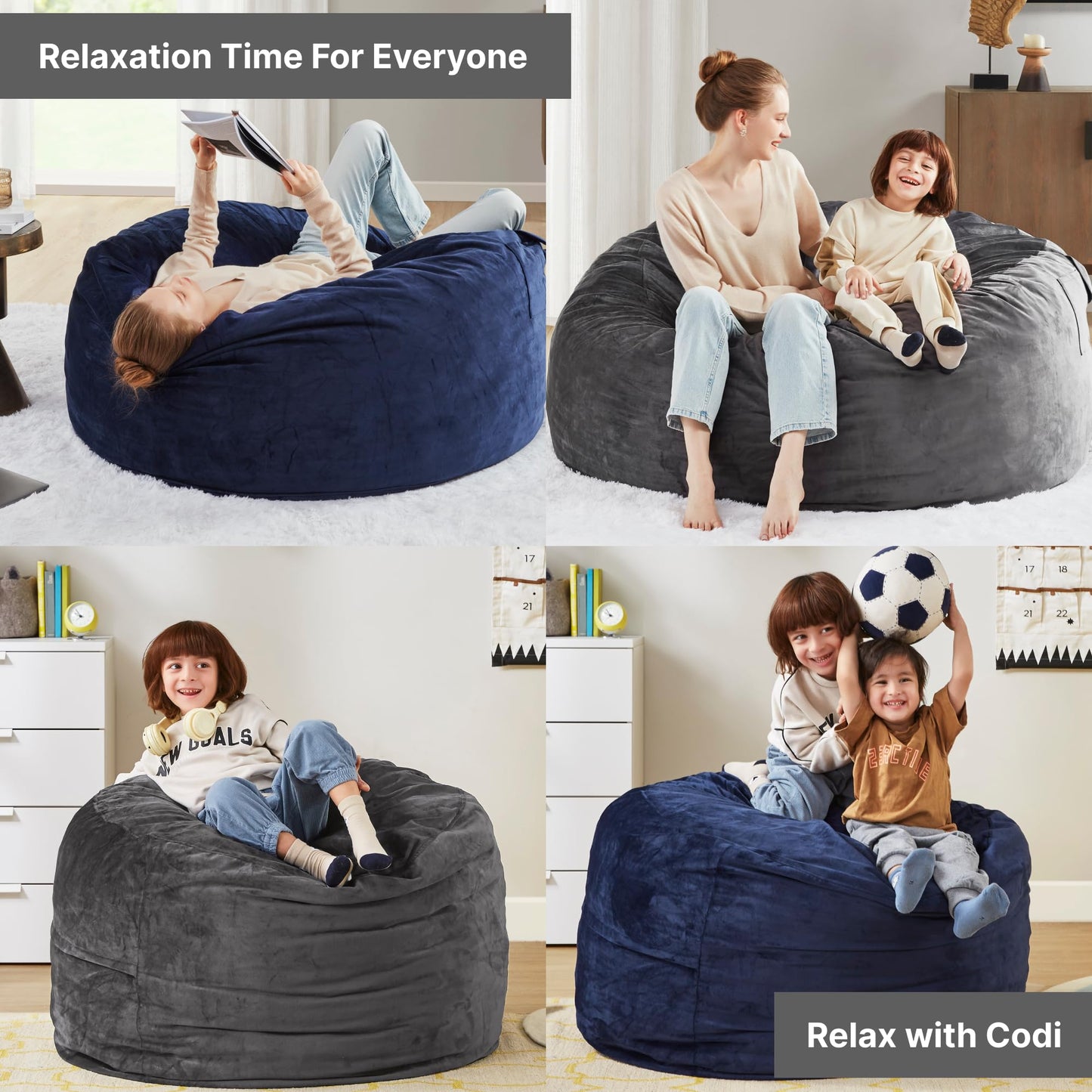 Codi Bean Bag Chair for Kids and Adults with Filler Included, 3 FT - Comfy Beanbag Chairs for Teen, Memory Foam Added - Machine Washable and Soft Mink Bonded Cover - Charcoal Grey, 3ft