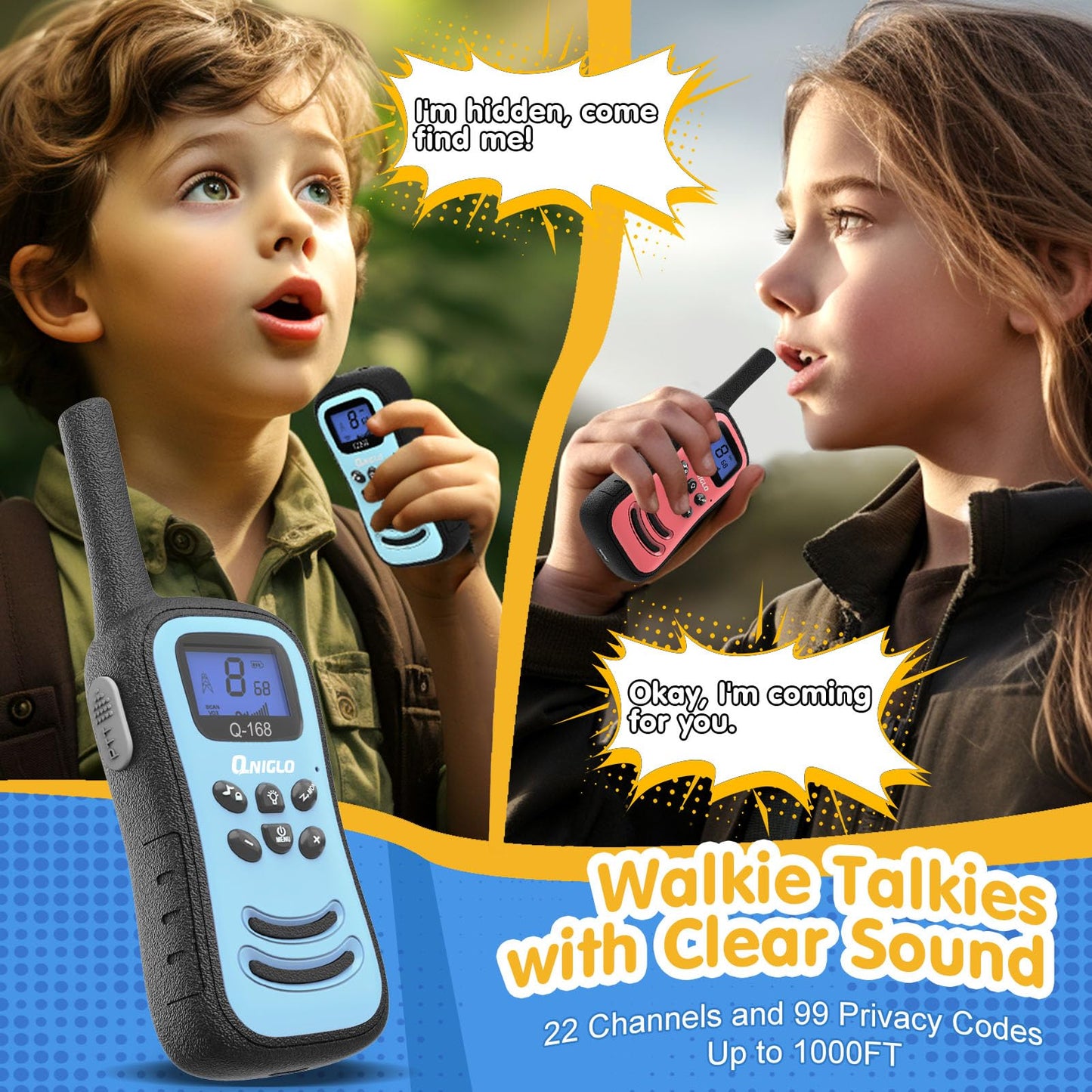 QNIGLO Kids Rechargeable Walkie Talkies 3 Pack
