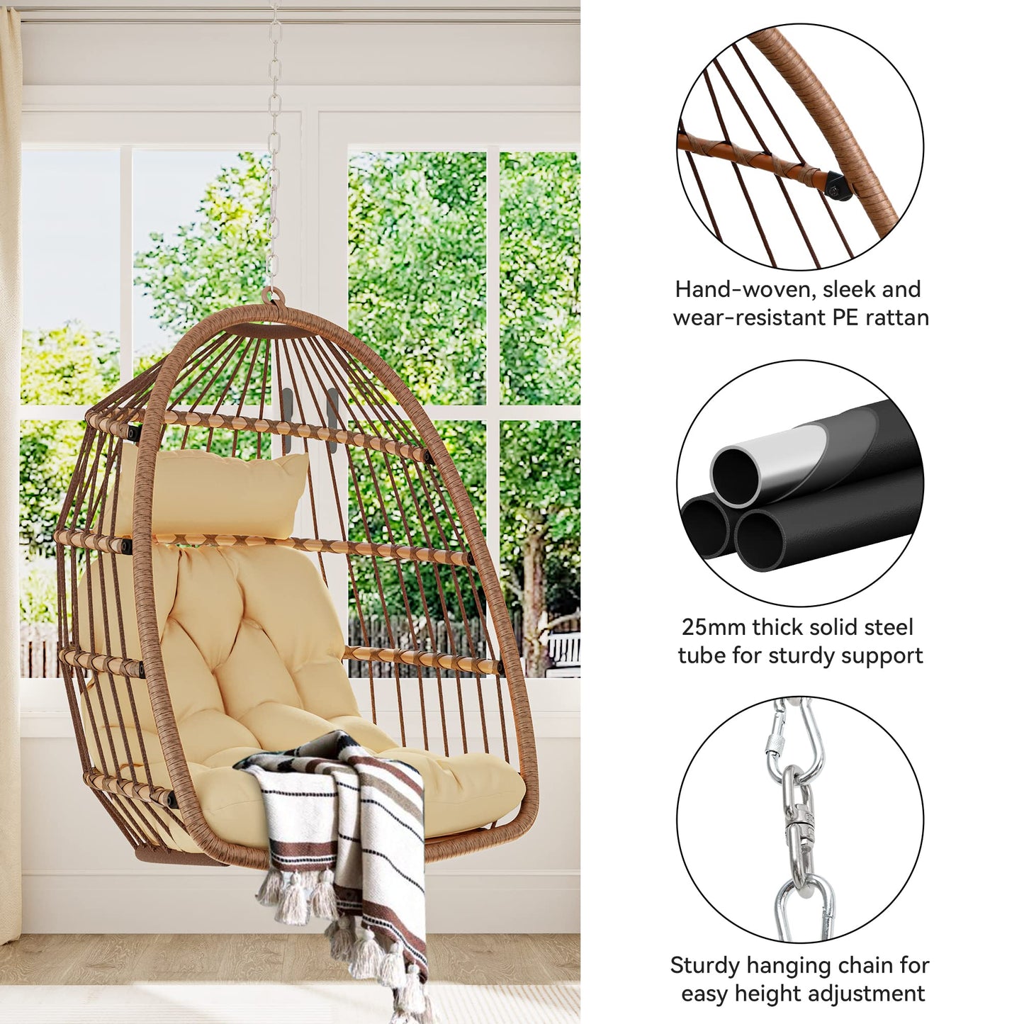 YITAHOME Hanging Egg Chair Swing Chair Outdoor Patio Wicker Chair Swing Hammock Egg Chairs with Cushion 330lbs for Patio, Bedroom, Garden and Balcony, Beige(Stand not Included)