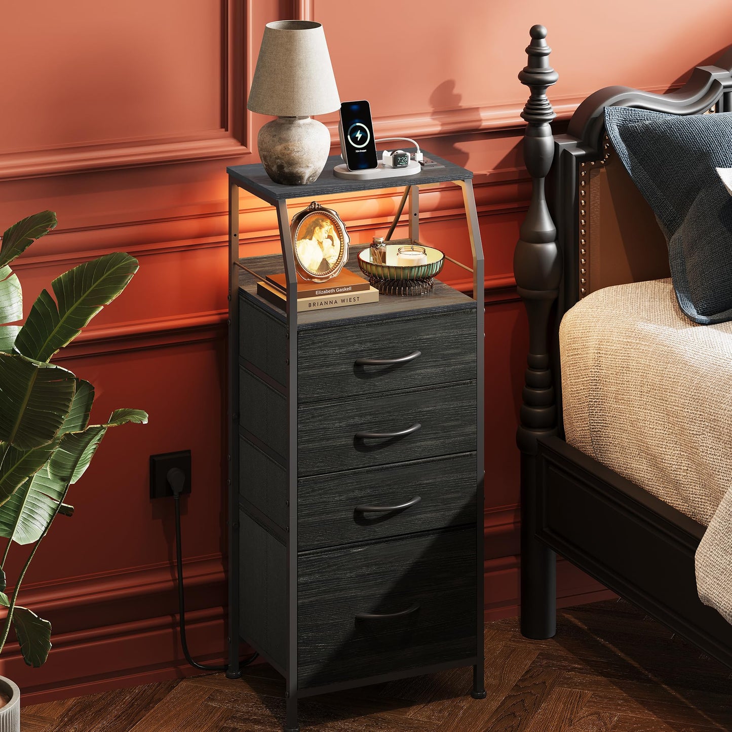 WLIVE Nightstand with Charging Station and Drawers