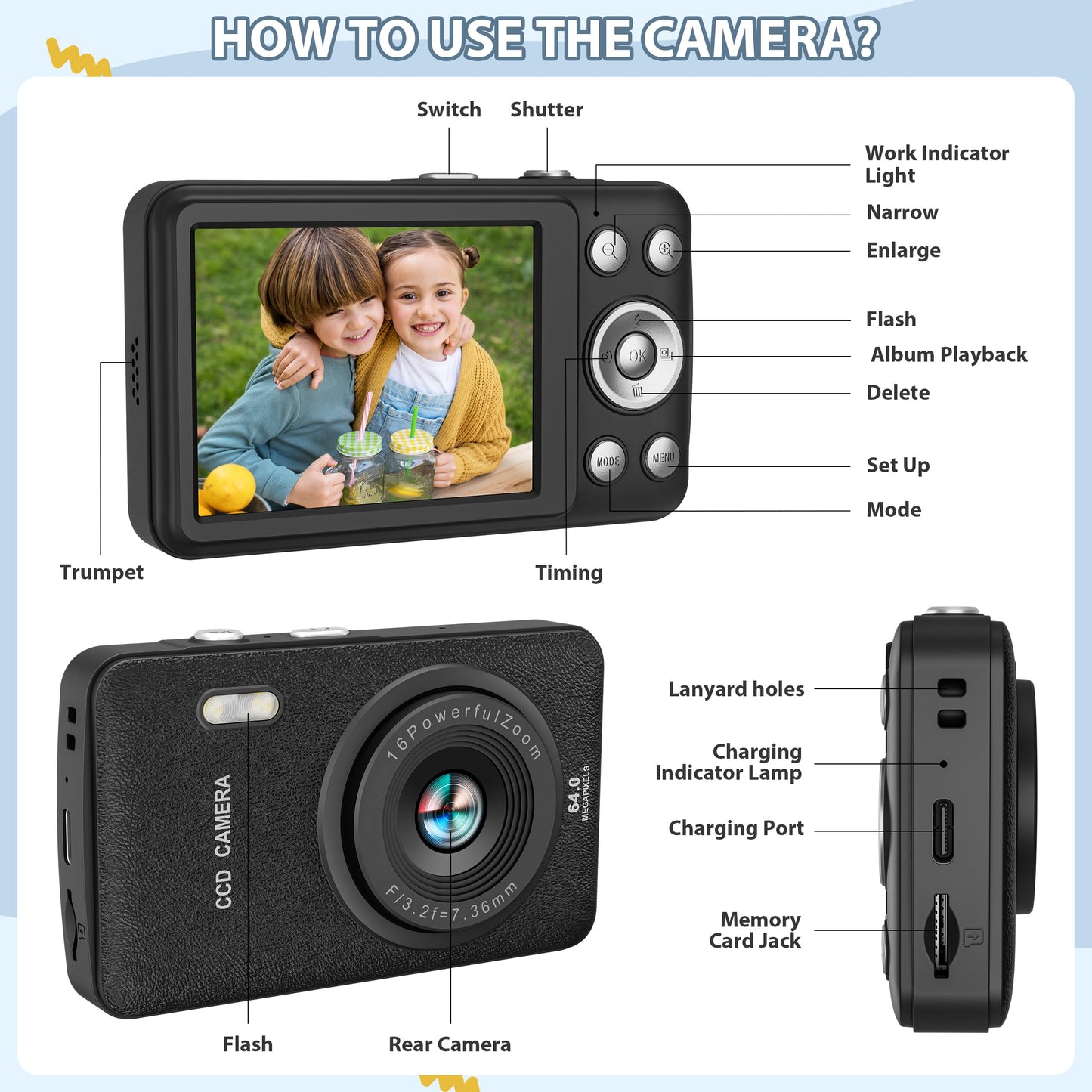 Kids Digital Camera with MP3 Player and 32GB SD