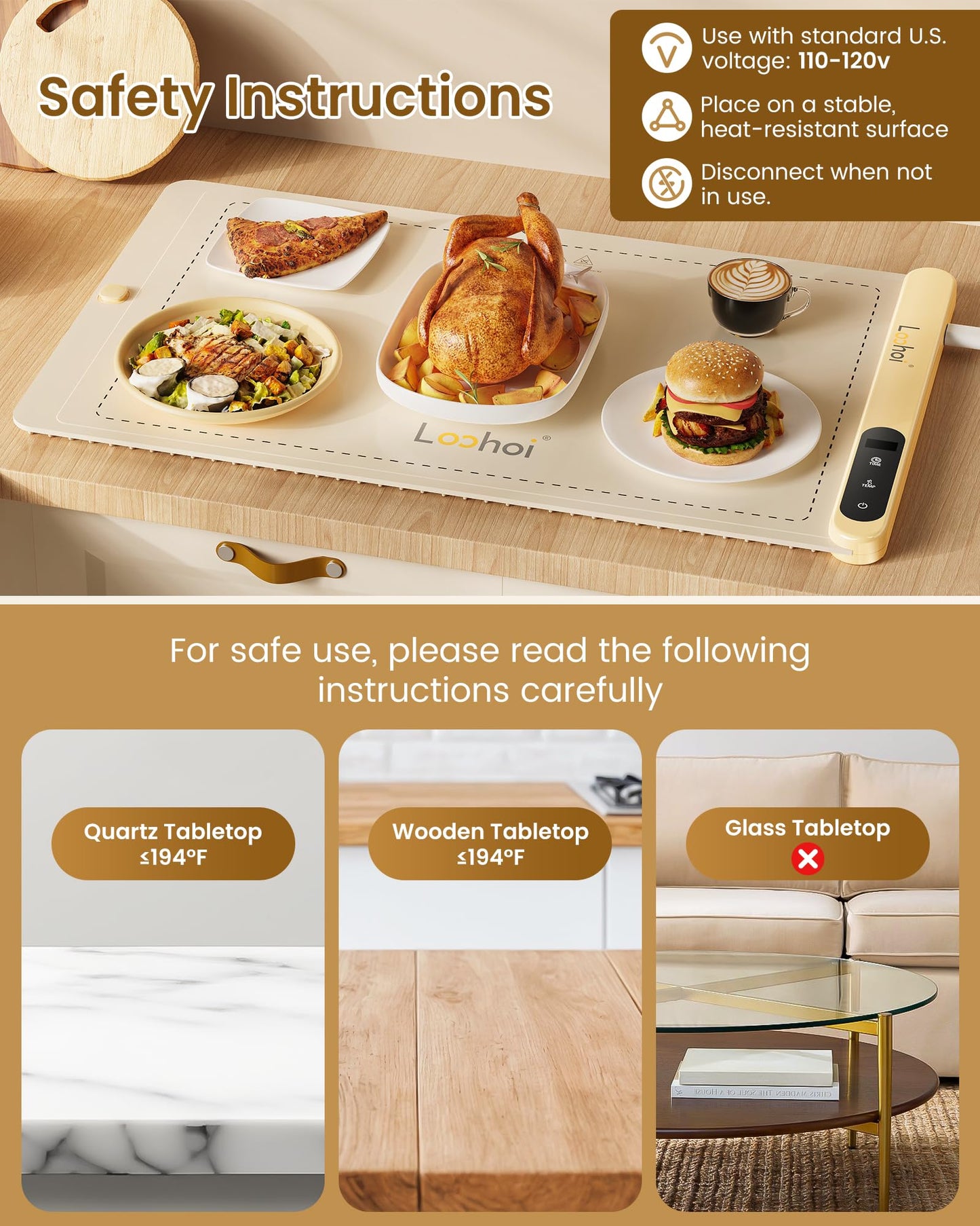 Food Warming Mat with 6 Temperature Settings