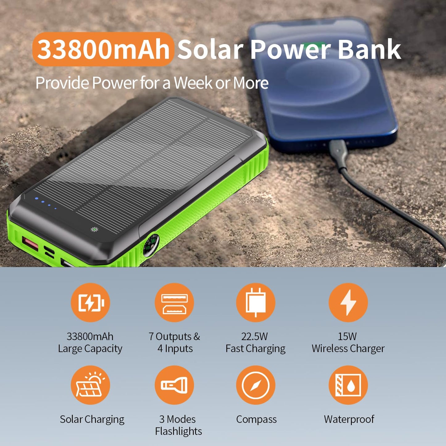 33800mAh Solar Power Bank with Wireless Charging