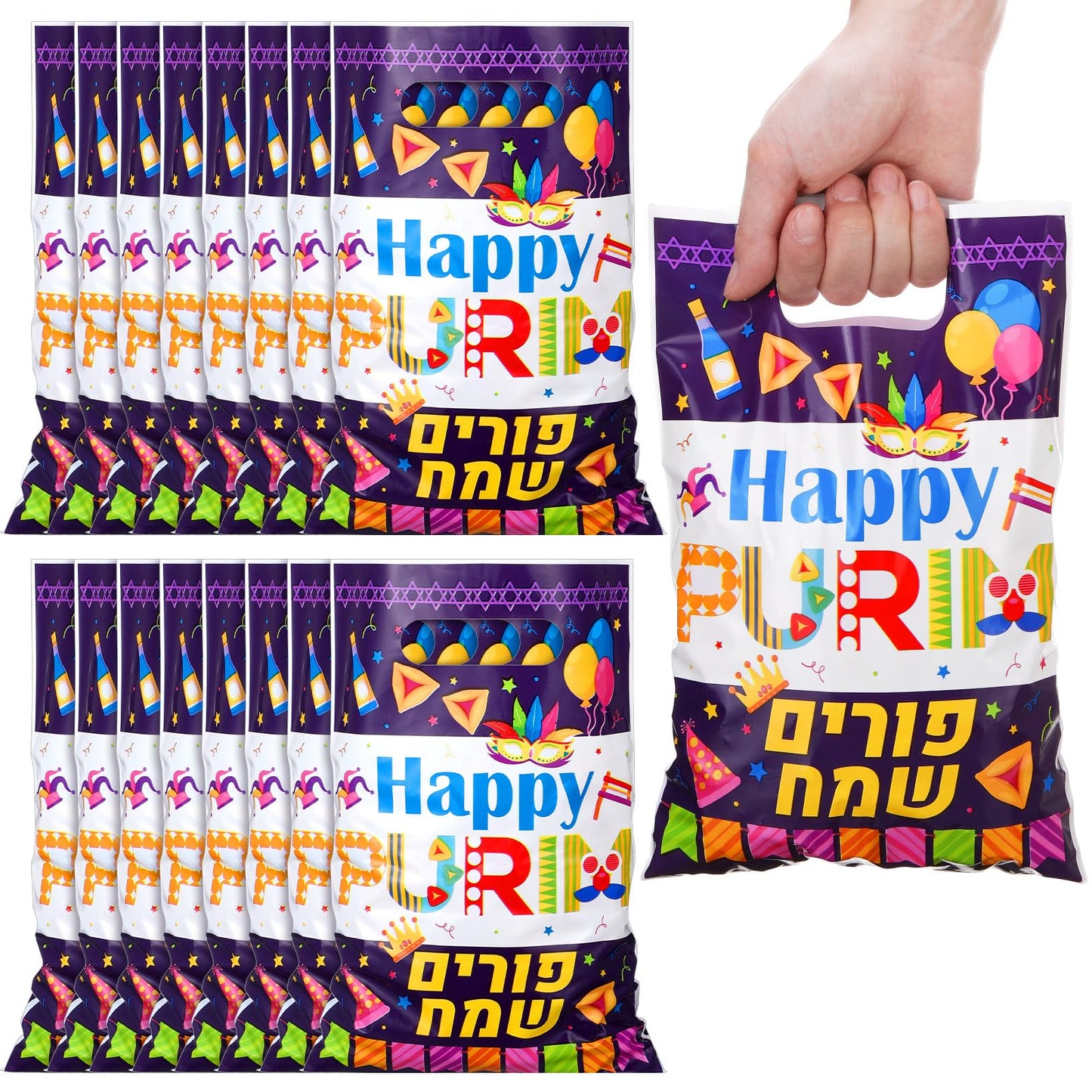 100 Pcs Happy Purim Gift Bags with Handles