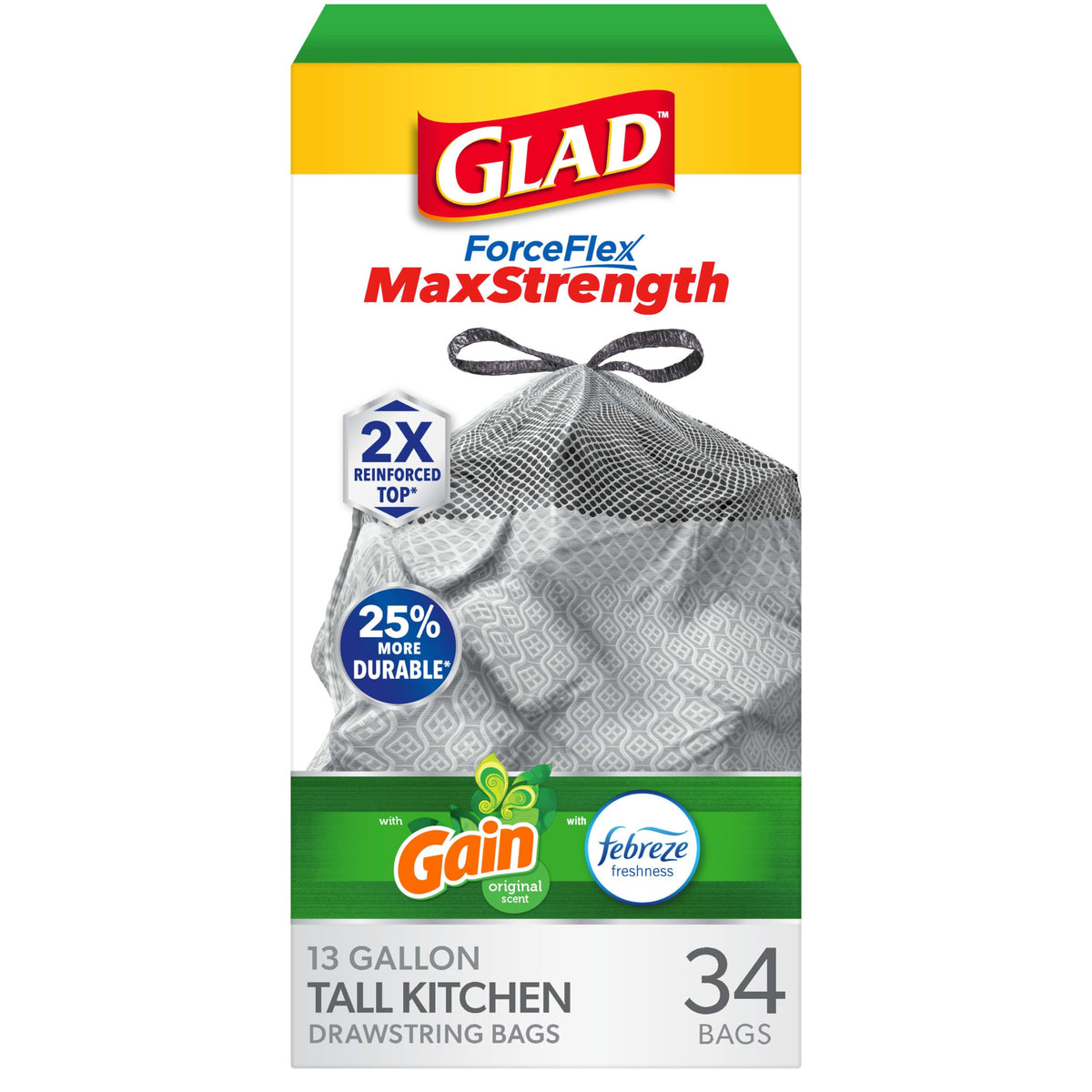 34 Count Glad ForceFlex MaxStrength 13 Gallon Trash Bags